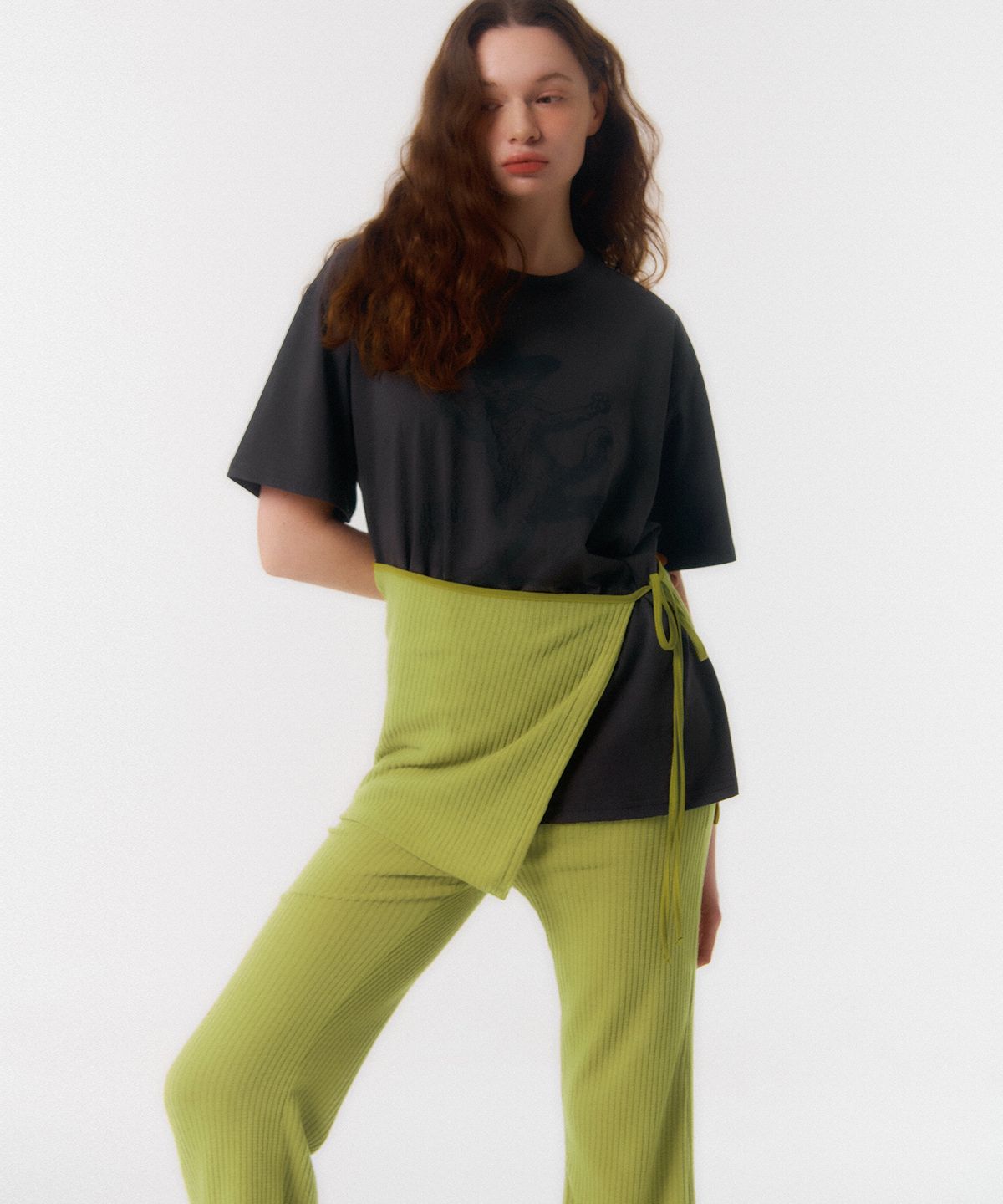 꾸아페(QUAFE) WRAP SKIRT & PANTS SET_lime green