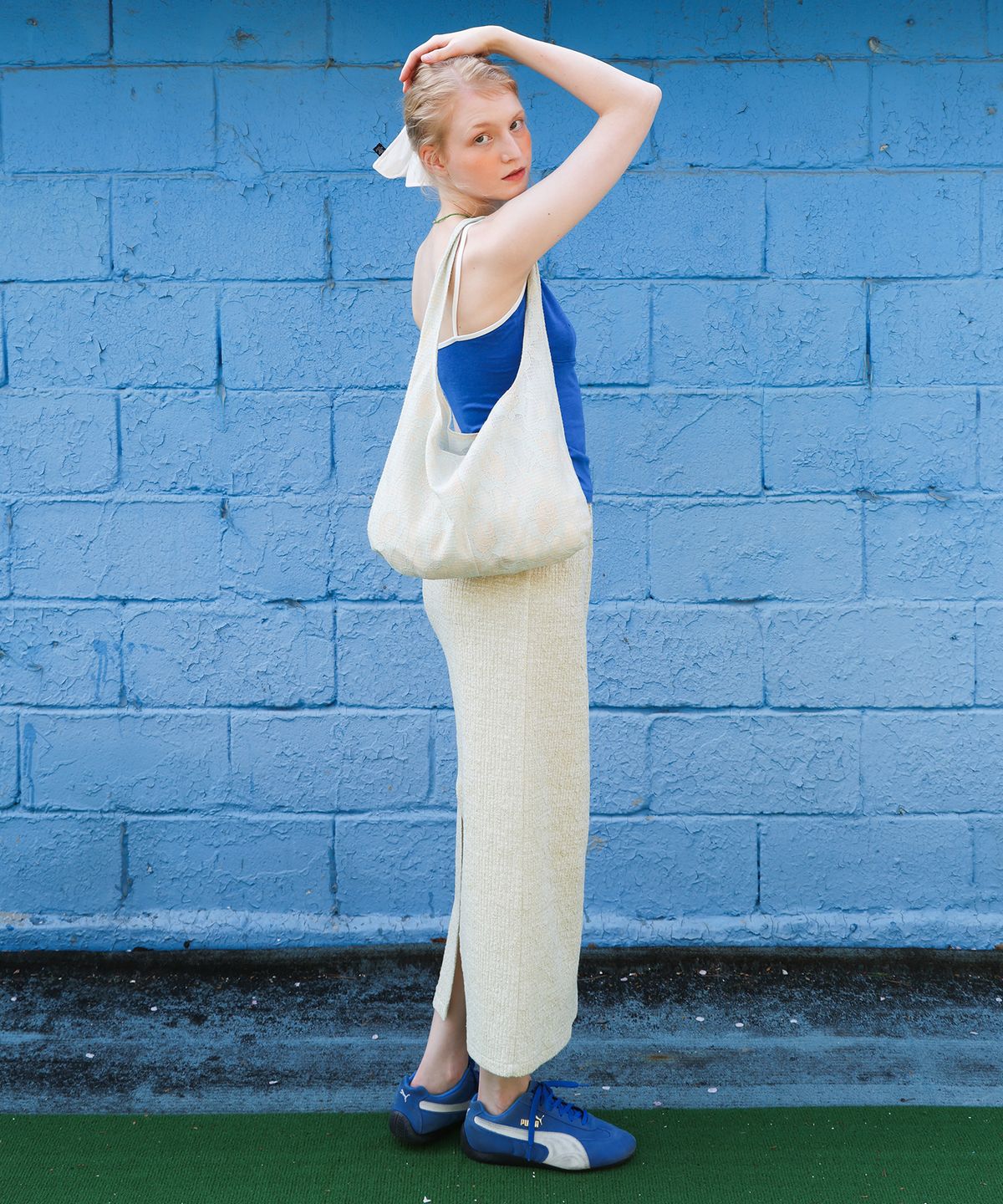 포에브(POEV) Melange Knit Long Skirt - Sage Green