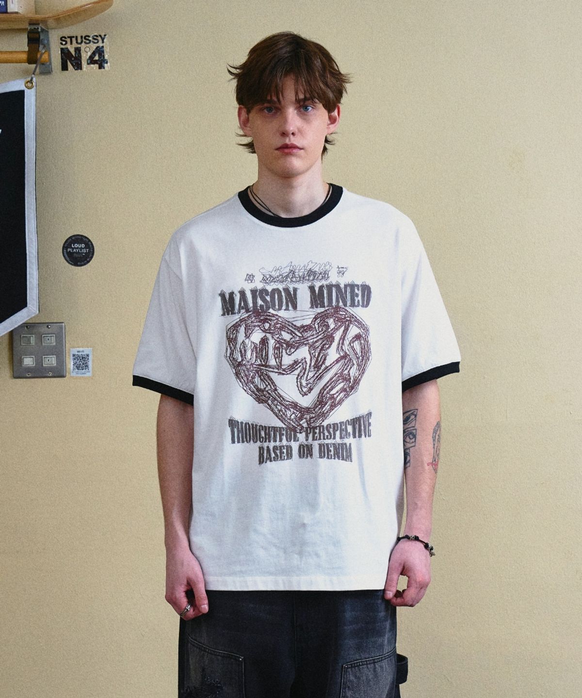 메종미네드(MAISON MINED) DOODLE HEART RINGER HALF T WHITE RED - 사이즈 & 후기 | 무신사