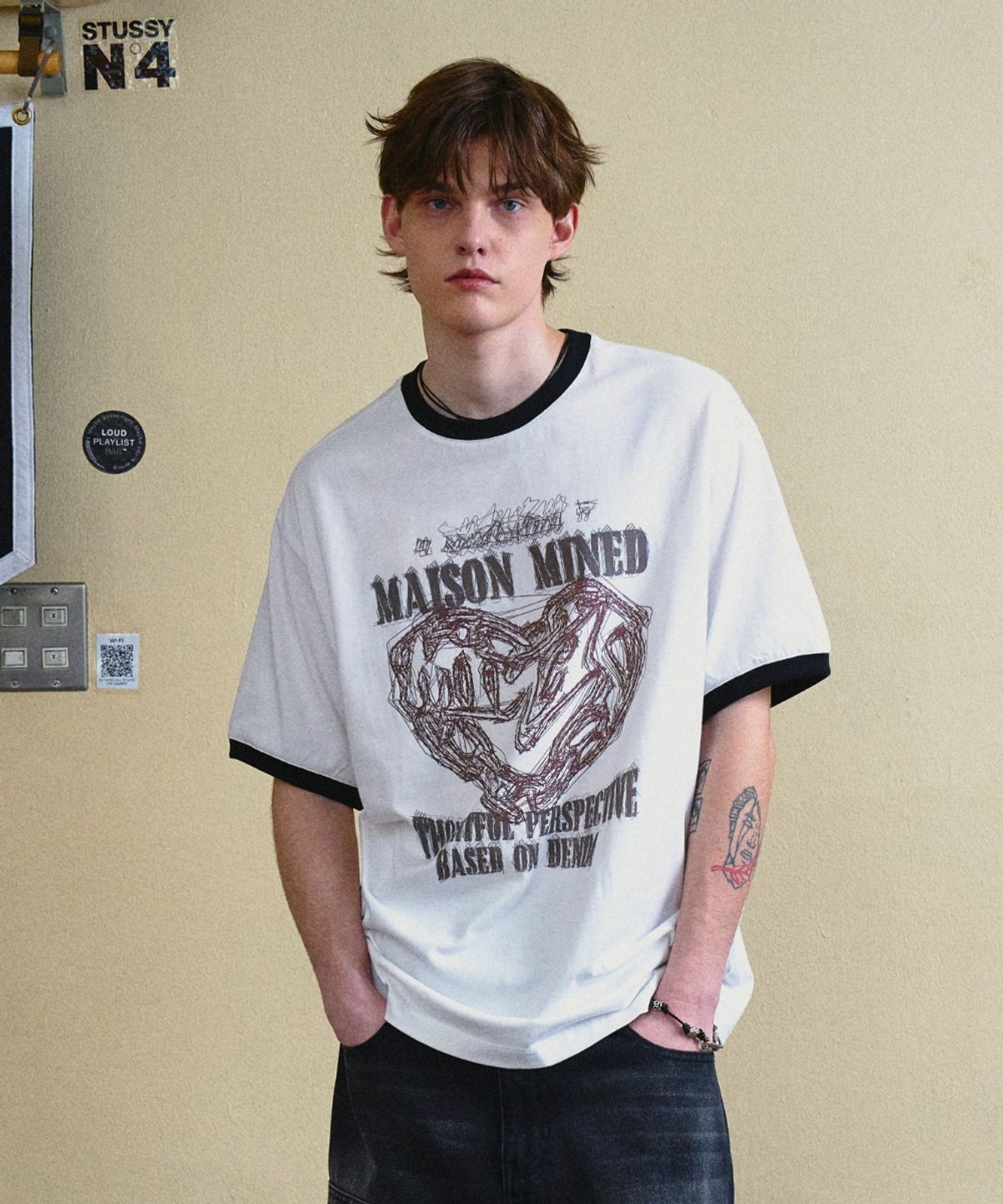 메종미네드(MAISON MINED) DOODLE HEART RINGER HALF T WHITE RED - 사이즈 & 후기 | 무신사