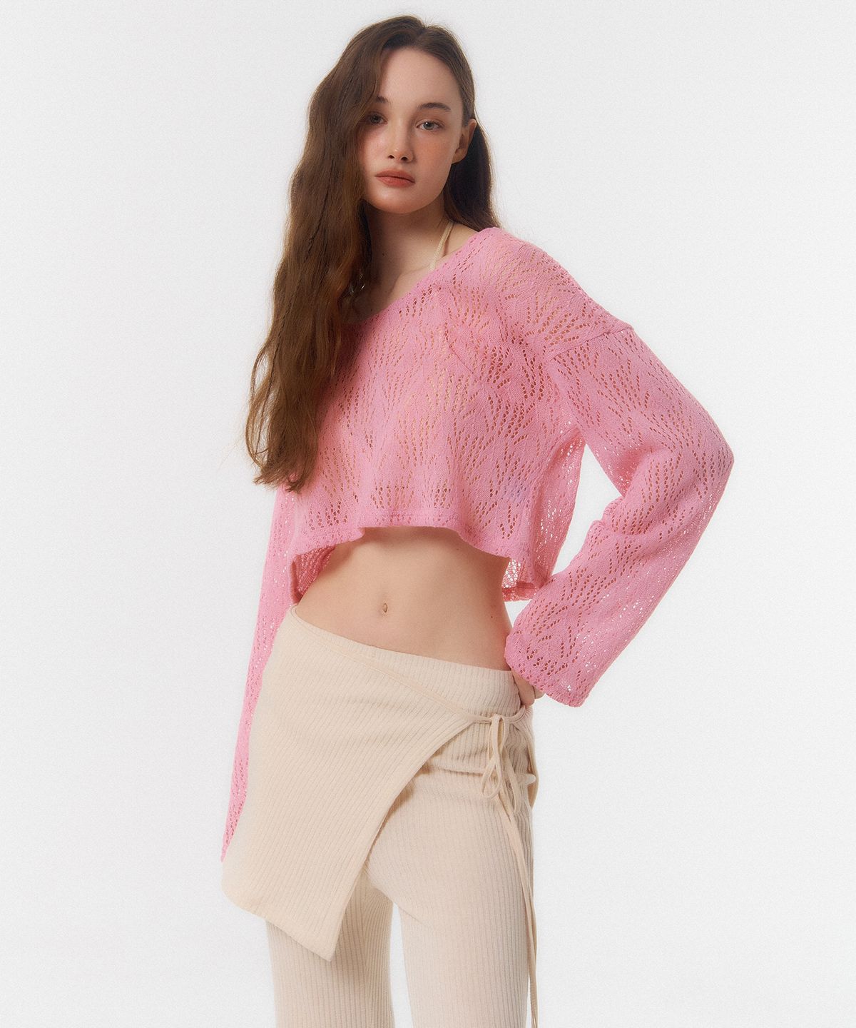 꾸아페(QUAFE) CROP COVER-UP KNIT TOP_neon pink