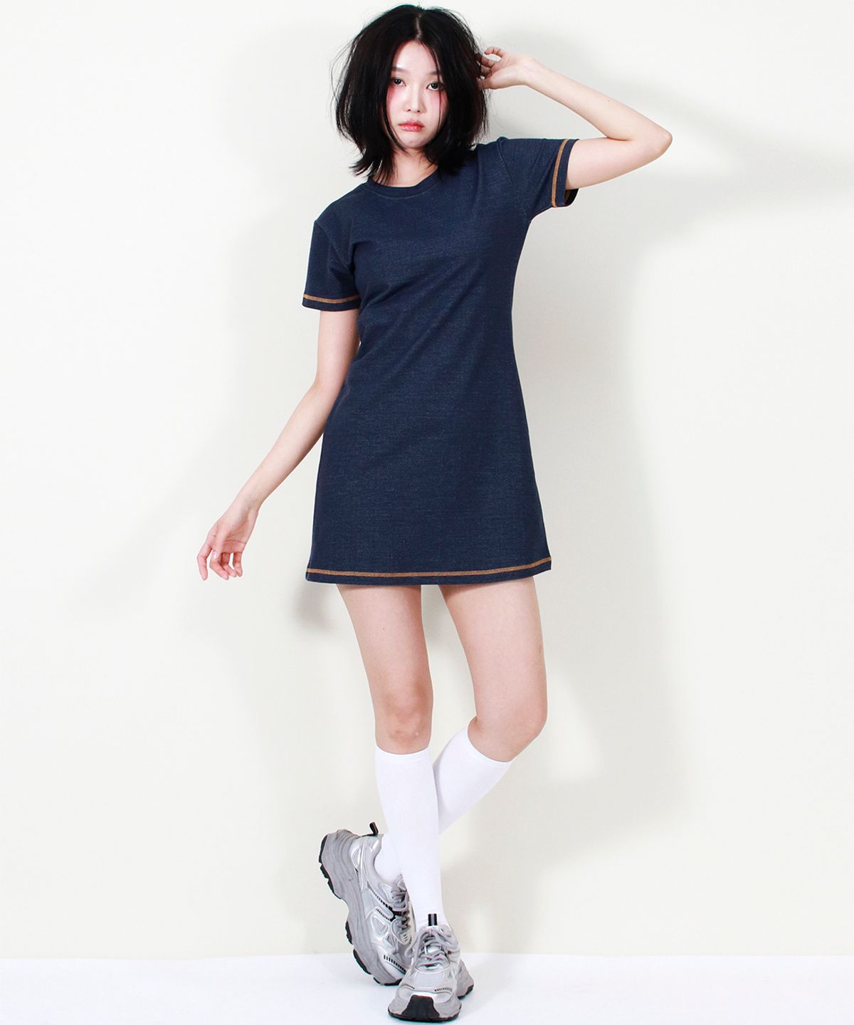 드마크(DEMARC) GIRLY CHIC STITCH MINI DRESS NAVY