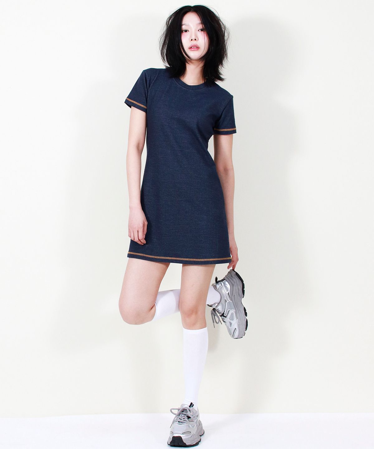 드마크(DEMARC) GIRLY CHIC STITCH MINI DRESS NAVY