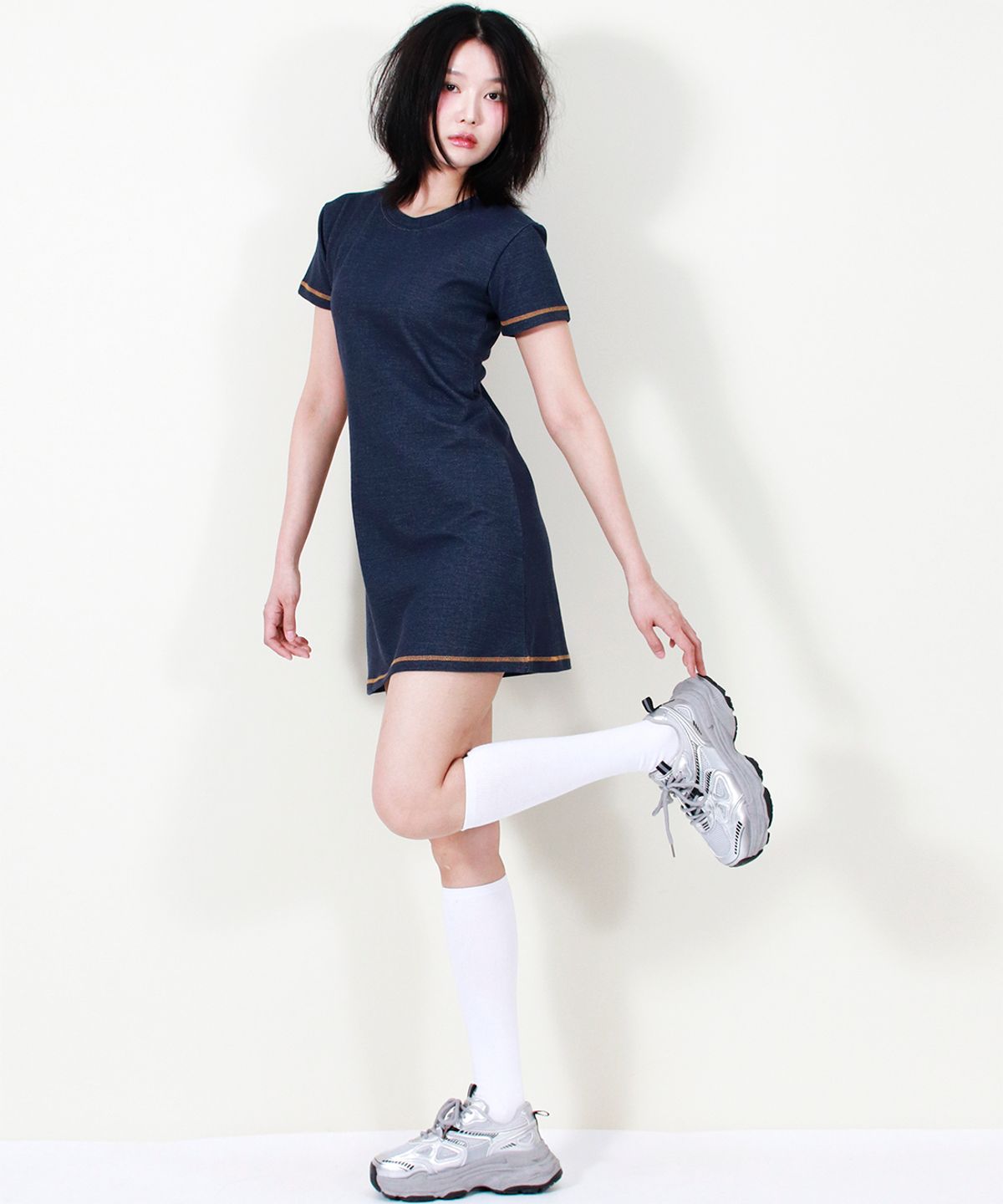 드마크(DEMARC) GIRLY CHIC STITCH MINI DRESS NAVY