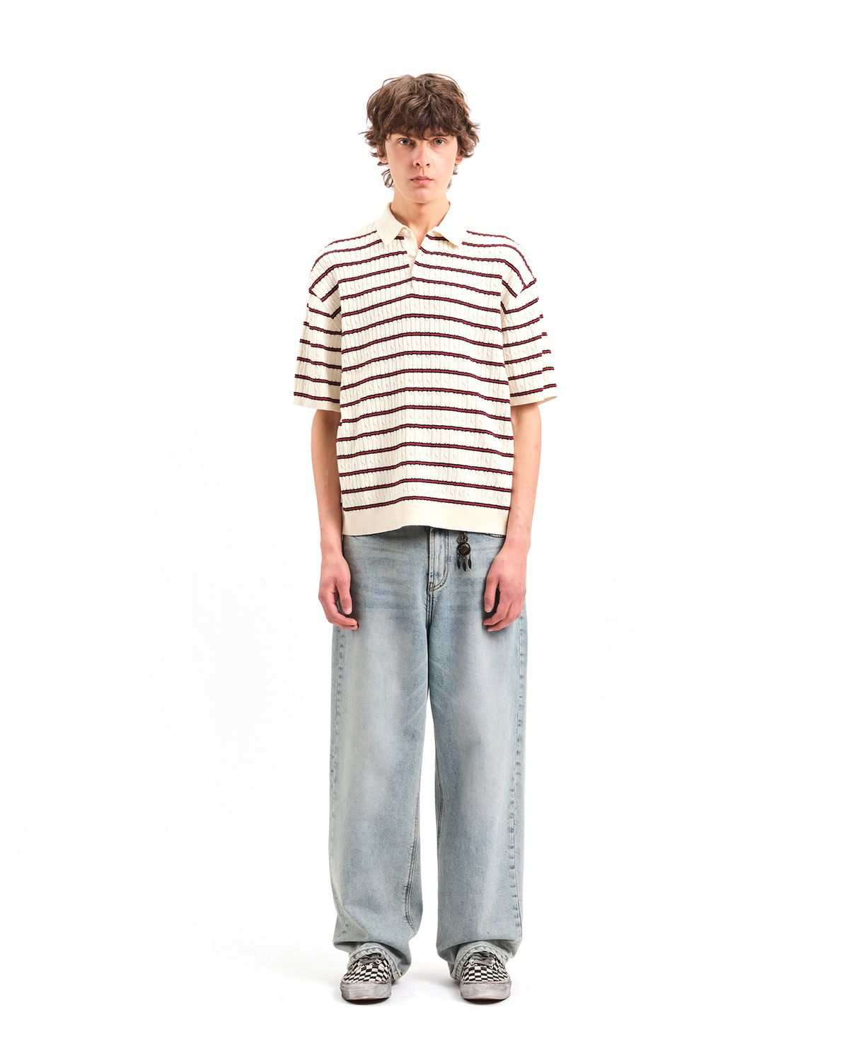 포커페이스(POKERFACE) CABLE RUGBY HALF SLEEVE KNIT RED STRIPE