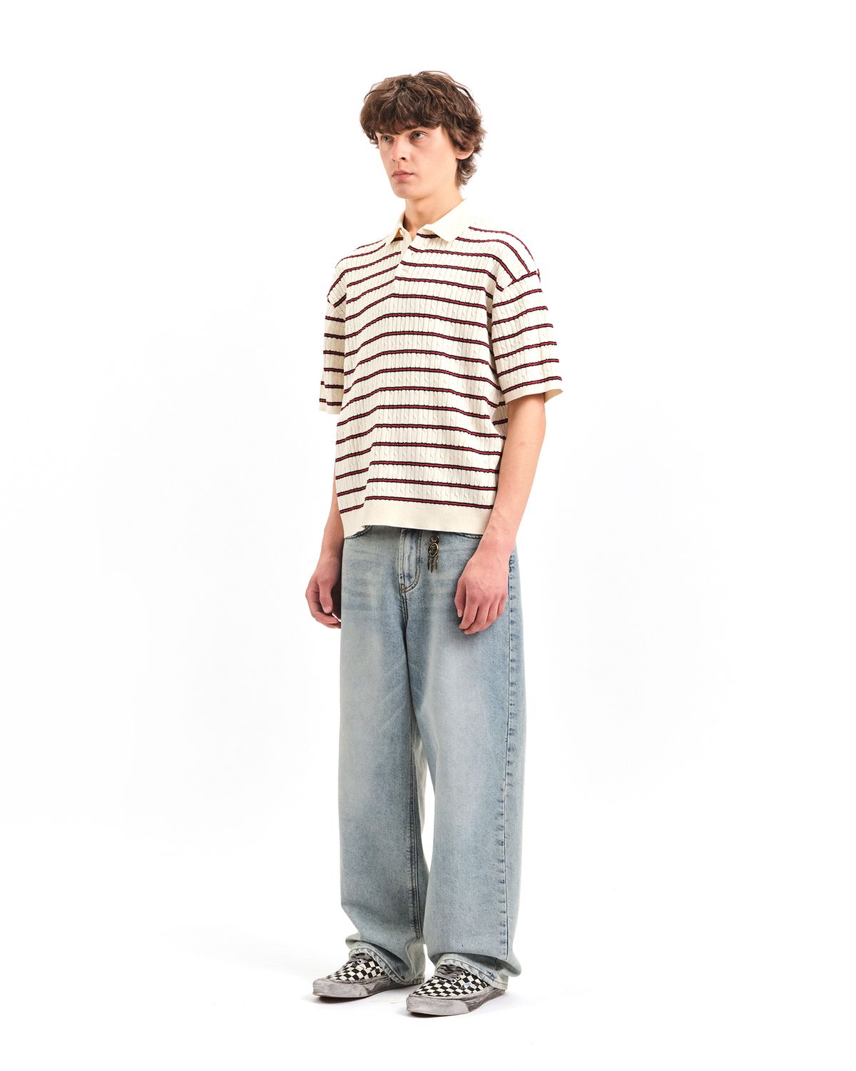 포커페이스(POKERFACE) CABLE RUGBY HALF SLEEVE KNIT RED STRIPE