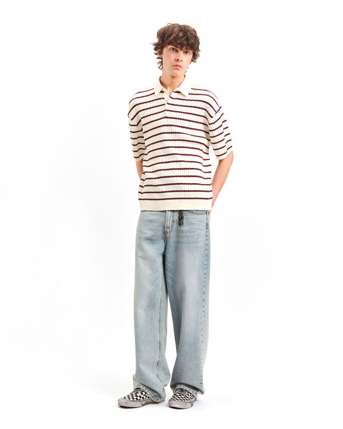 포커페이스(POKERFACE) CABLE RUGBY HALF SLEEVE KNIT RED STRIPE