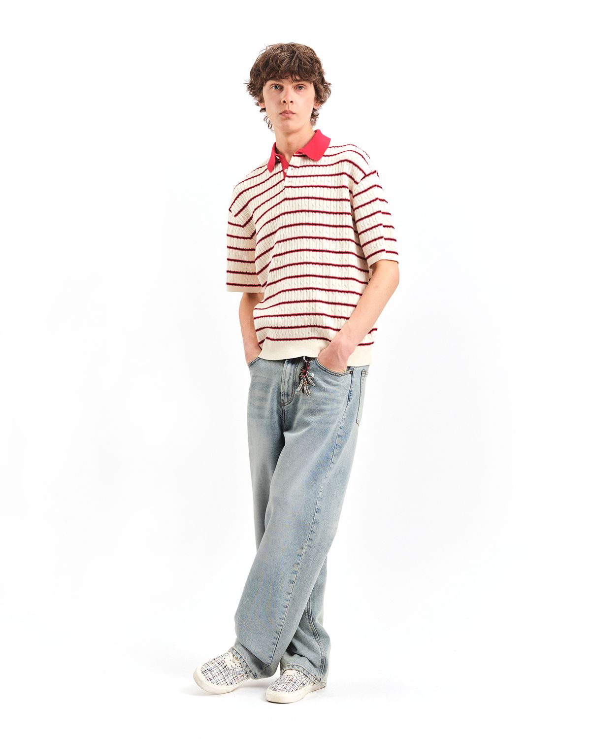 포커페이스(POKERFACE) CABLE RUGBY HALF SLEEVE KNIT IVORY/RED