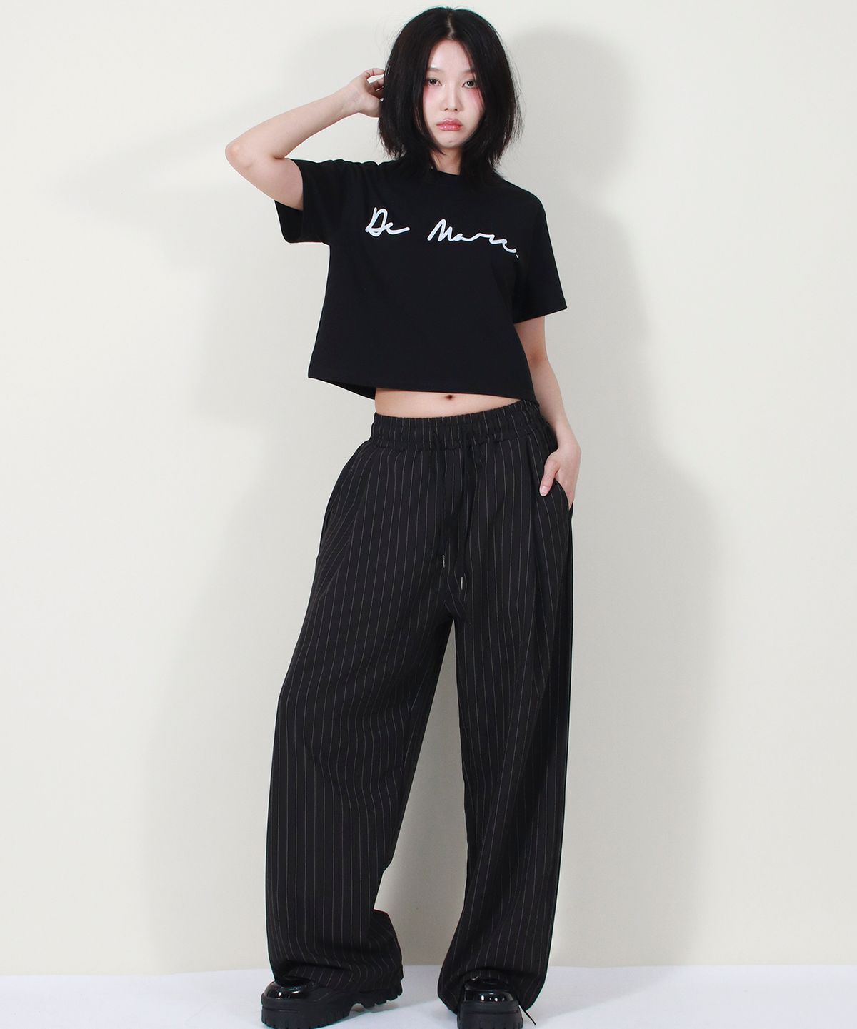 드마크(DEMARC) SOLID STRIPE WIDE PANTS BLACK