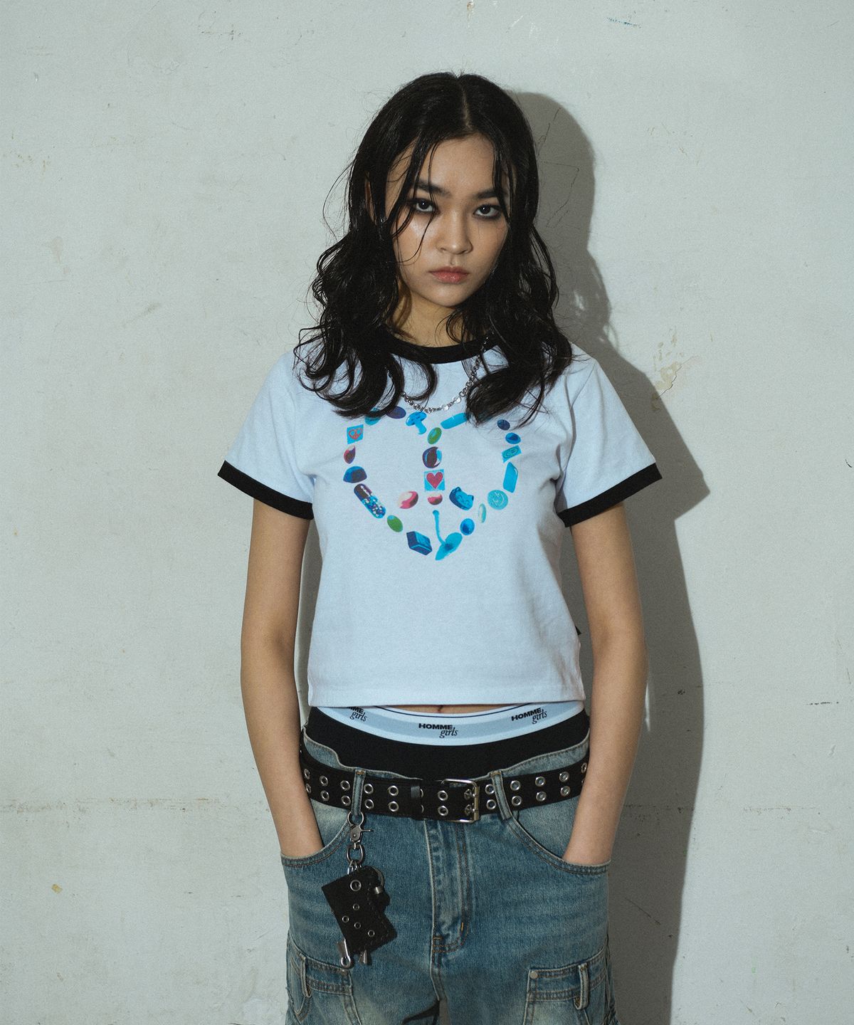 도미넌트(DOMINANT) Ringer Crop T-Shirt (Heart Peace)