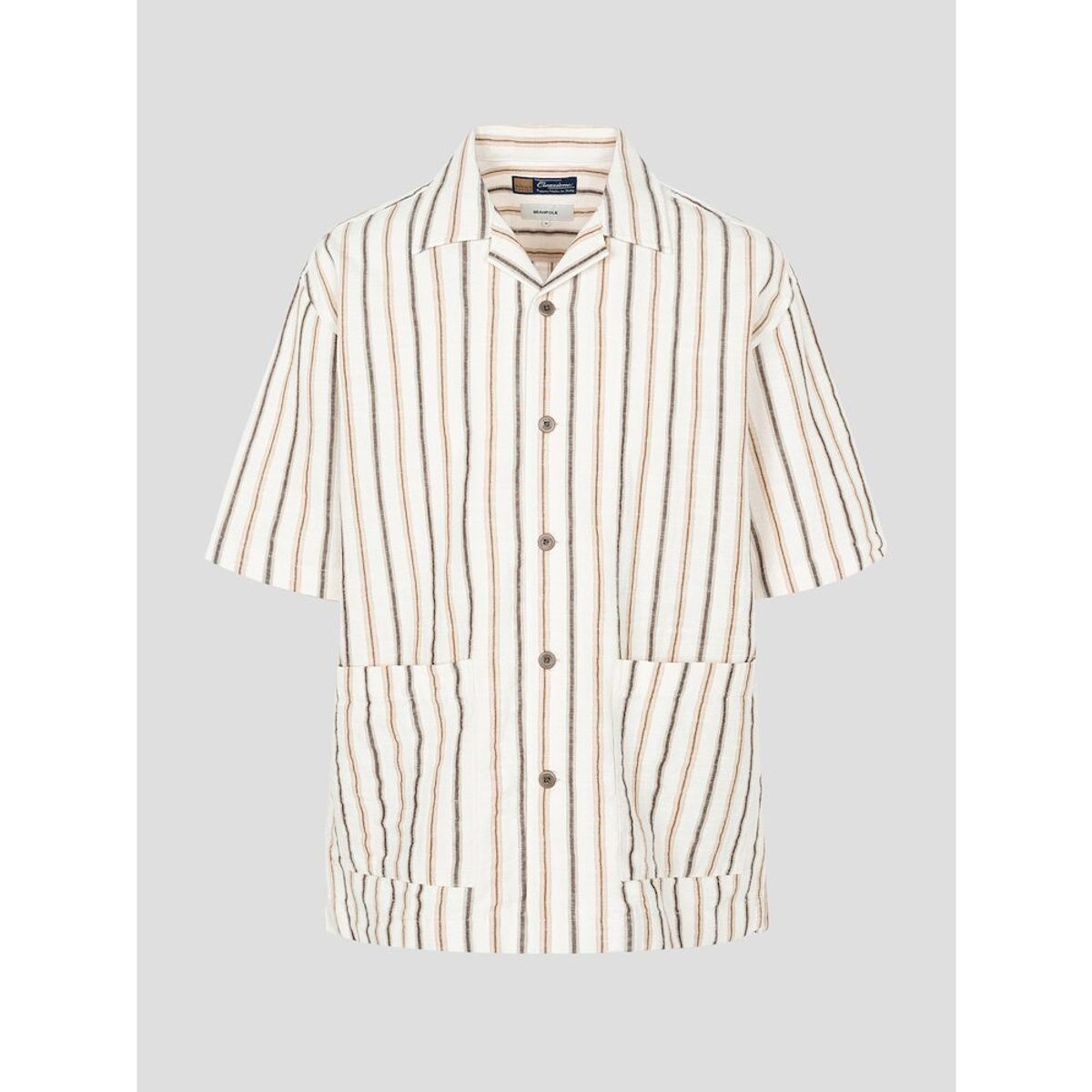 빈폴 멘(BEANPOLE MEN) 리넨 혼방 스트라이프 오픈칼라 반소매 셔츠  아이보리