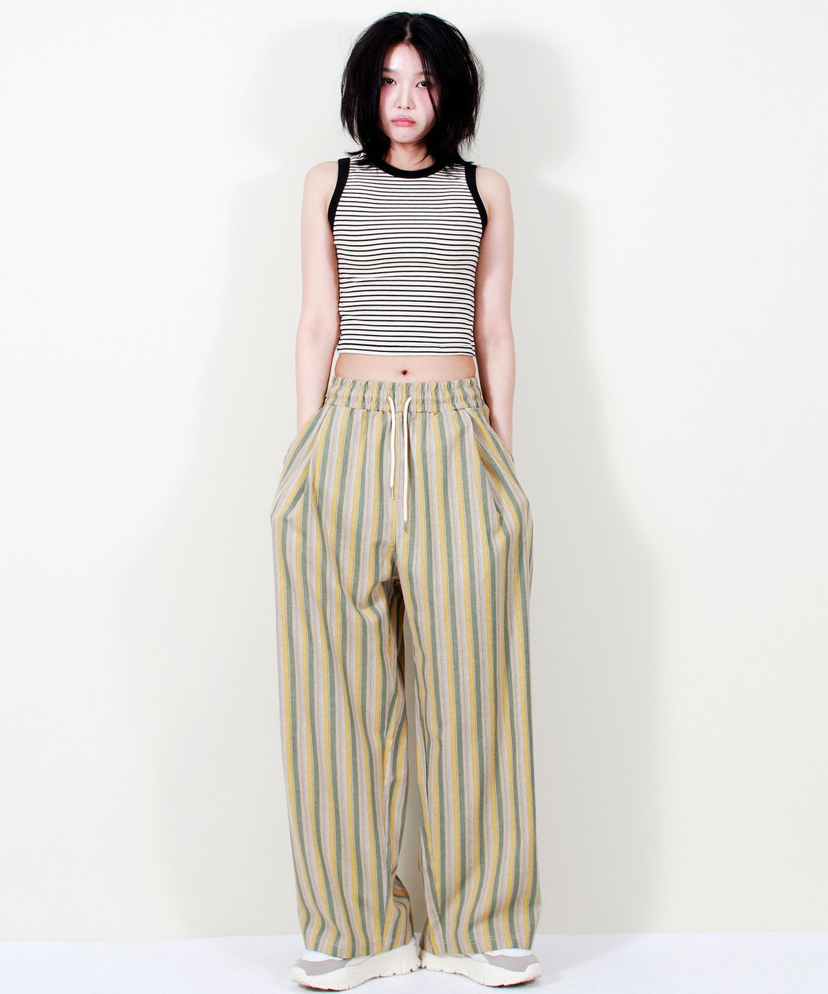 드마크(DEMARC) VINTAGE STRIPE WIDE PANTS SAGE GREEN