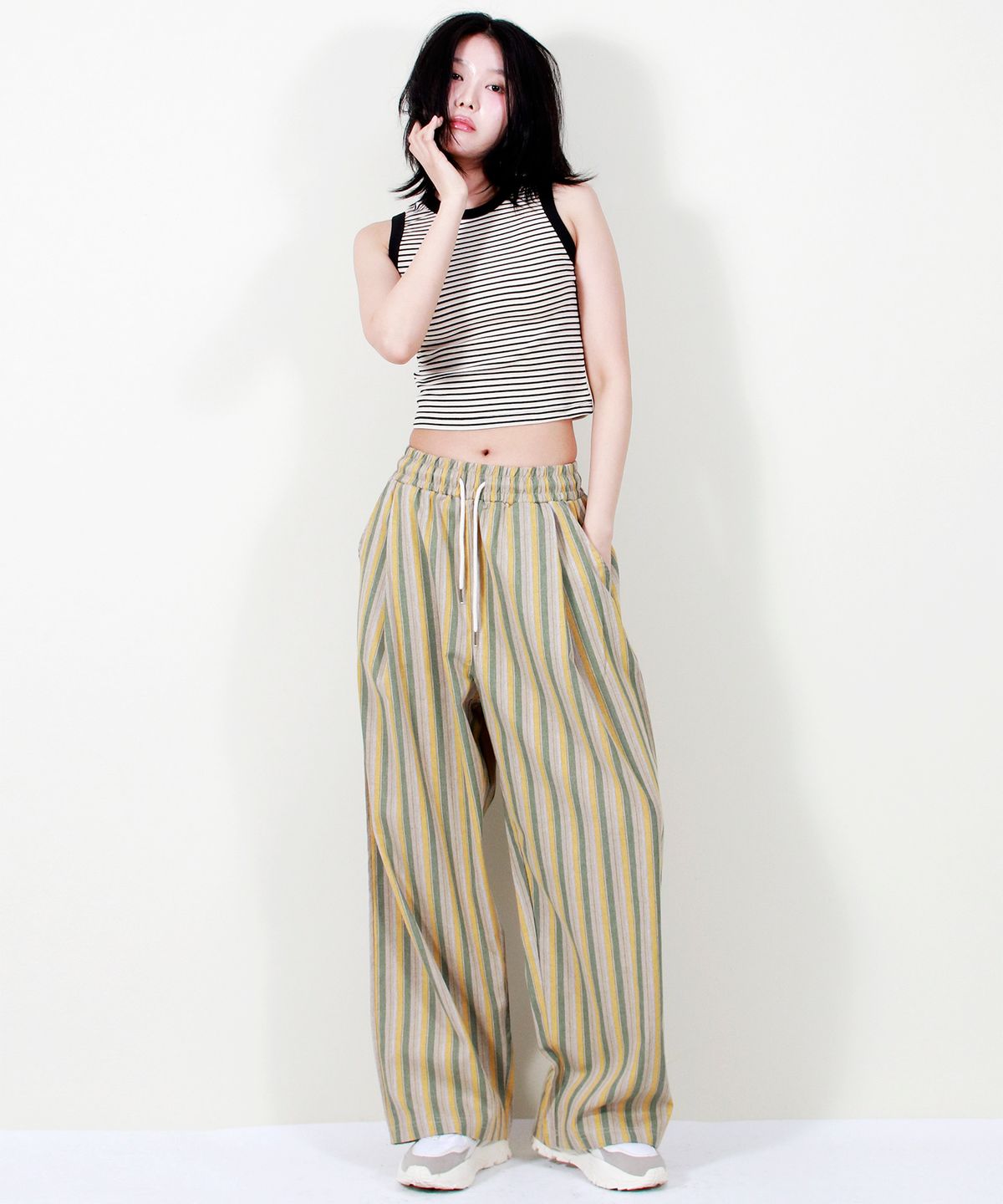 드마크(DEMARC) VINTAGE STRIPE WIDE PANTS SAGE GREEN