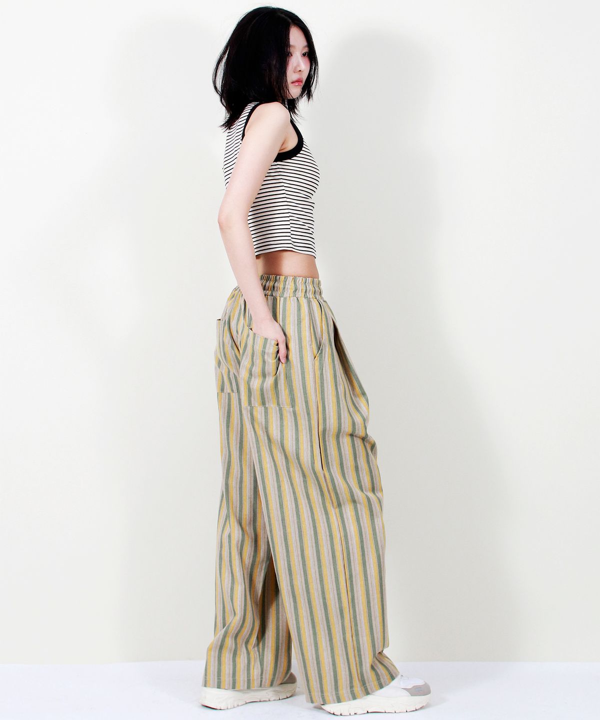 드마크(DEMARC) VINTAGE STRIPE WIDE PANTS SAGE GREEN