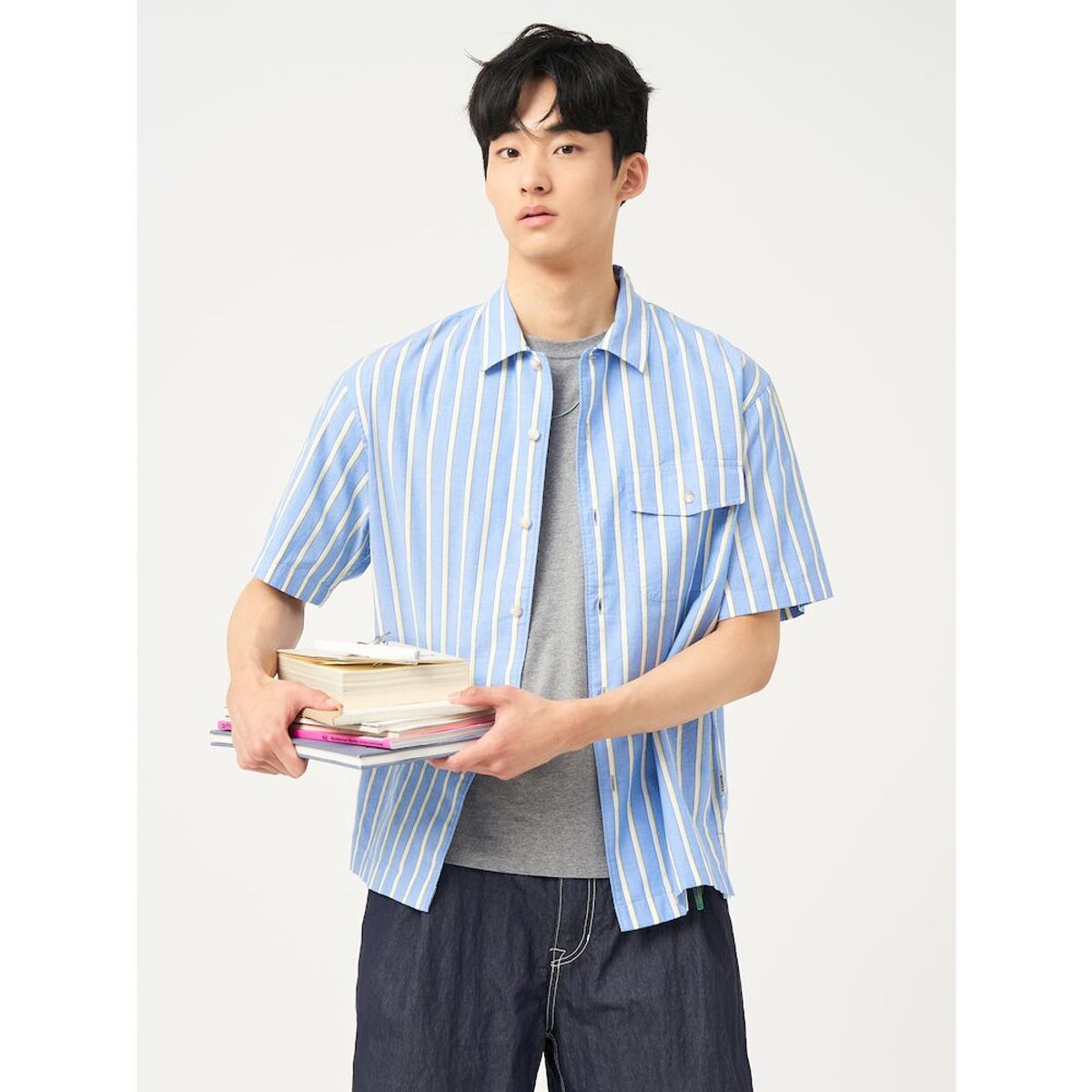 빈폴 멘(BEANPOLE MEN) 볼드 스트라이프 반소매 셔츠  블루
