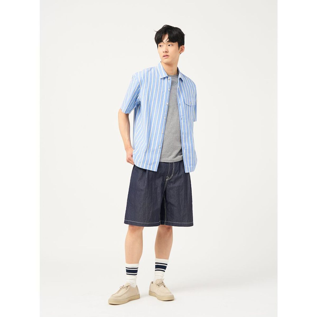 빈폴 멘(BEANPOLE MEN) 볼드 스트라이프 반소매 셔츠  블루