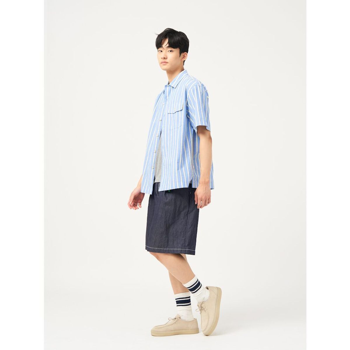 빈폴 멘(BEANPOLE MEN) 볼드 스트라이프 반소매 셔츠  블루