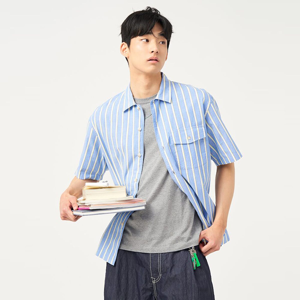 빈폴 멘(BEANPOLE MEN) 볼드 스트라이프 반소매 셔츠  블루