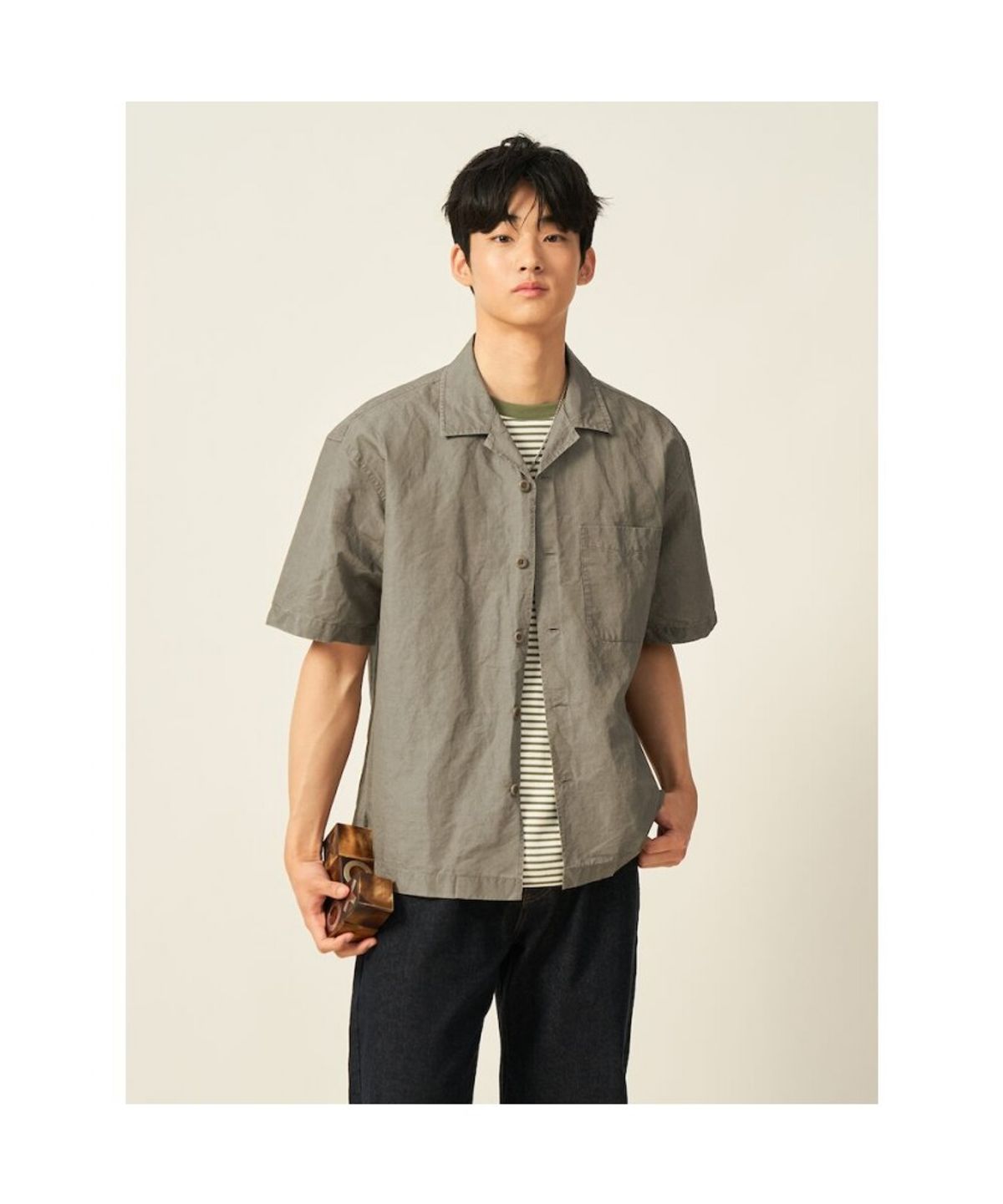 빈폴 멘(BEANPOLE MEN) 리넨 혼방 솔리드 오픈카라 반소매 셔츠  베이지 (BC5465C28A)