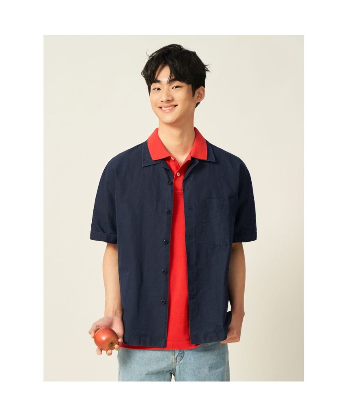 빈폴 멘(BEANPOLE MEN) 리넨 혼방 솔리드 오픈카라 반소매 셔츠  네이비 (BC5465C28R)