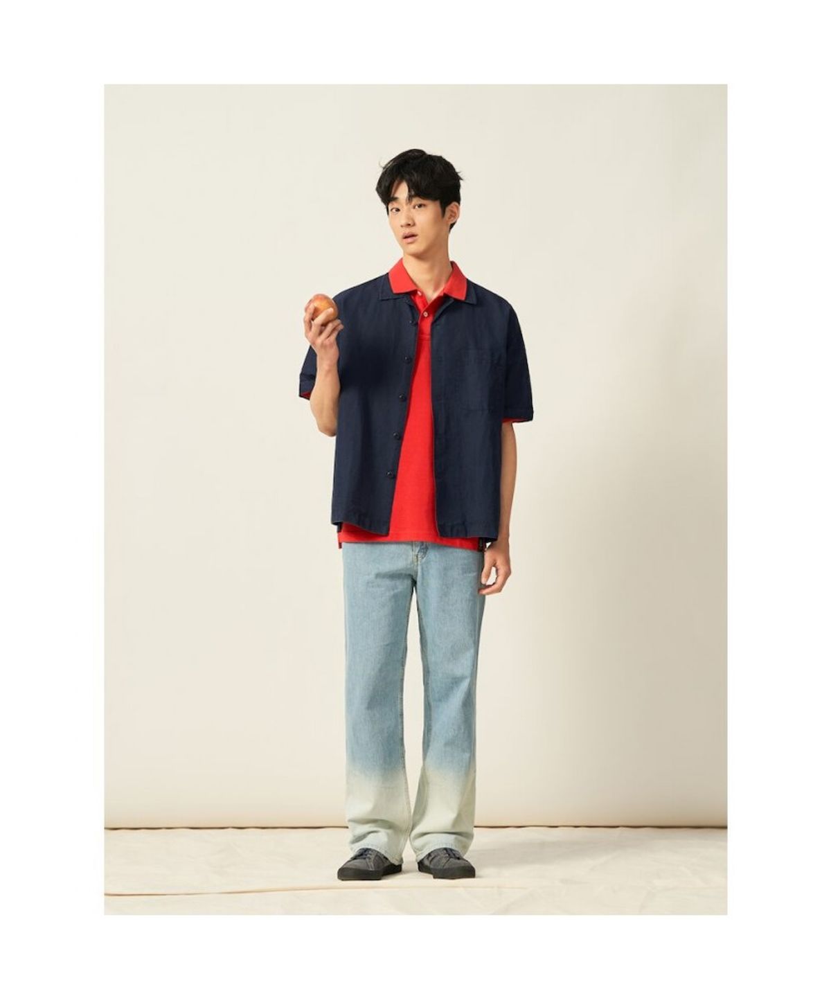 빈폴 멘(BEANPOLE MEN) 리넨 혼방 솔리드 오픈카라 반소매 셔츠  네이비 (BC5465C28R)