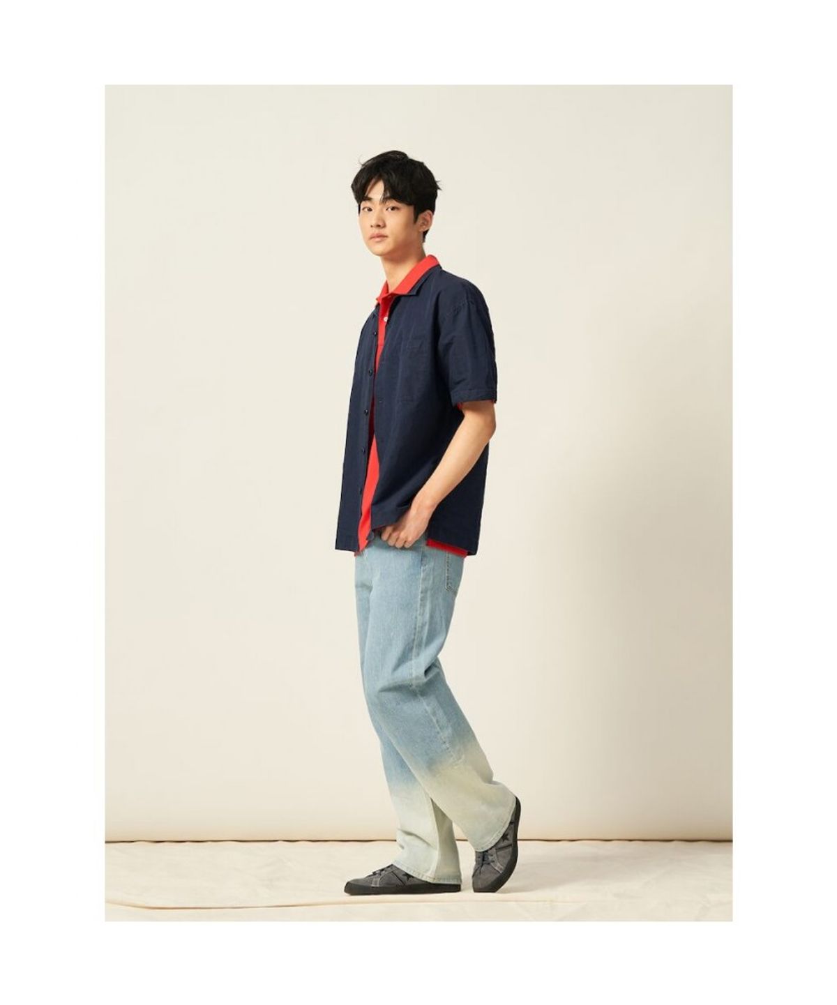 빈폴 멘(BEANPOLE MEN) 리넨 혼방 솔리드 오픈카라 반소매 셔츠  네이비 (BC5465C28R)