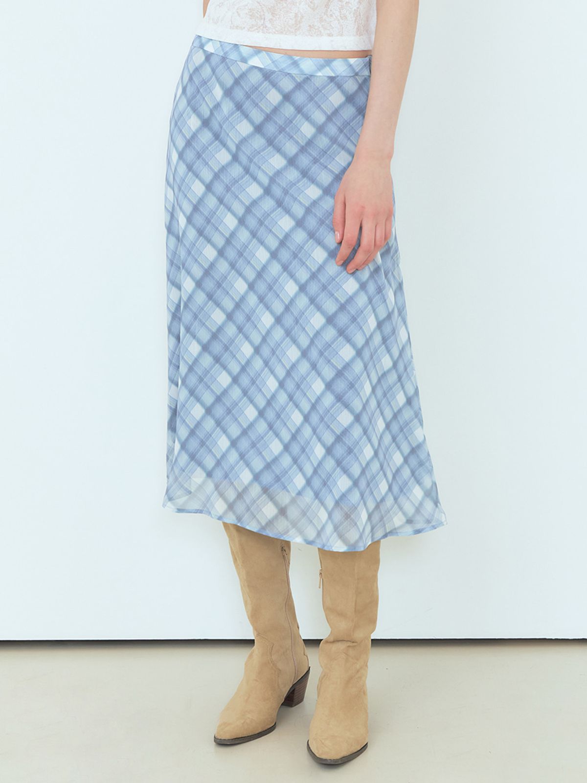 에트몽(ETMON) Check Midi Skirt, Greyish Blue