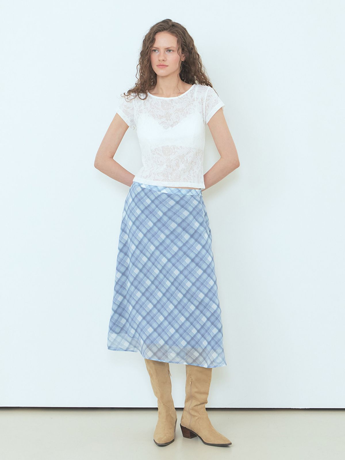 에트몽(ETMON) Check Midi Skirt, Greyish Blue