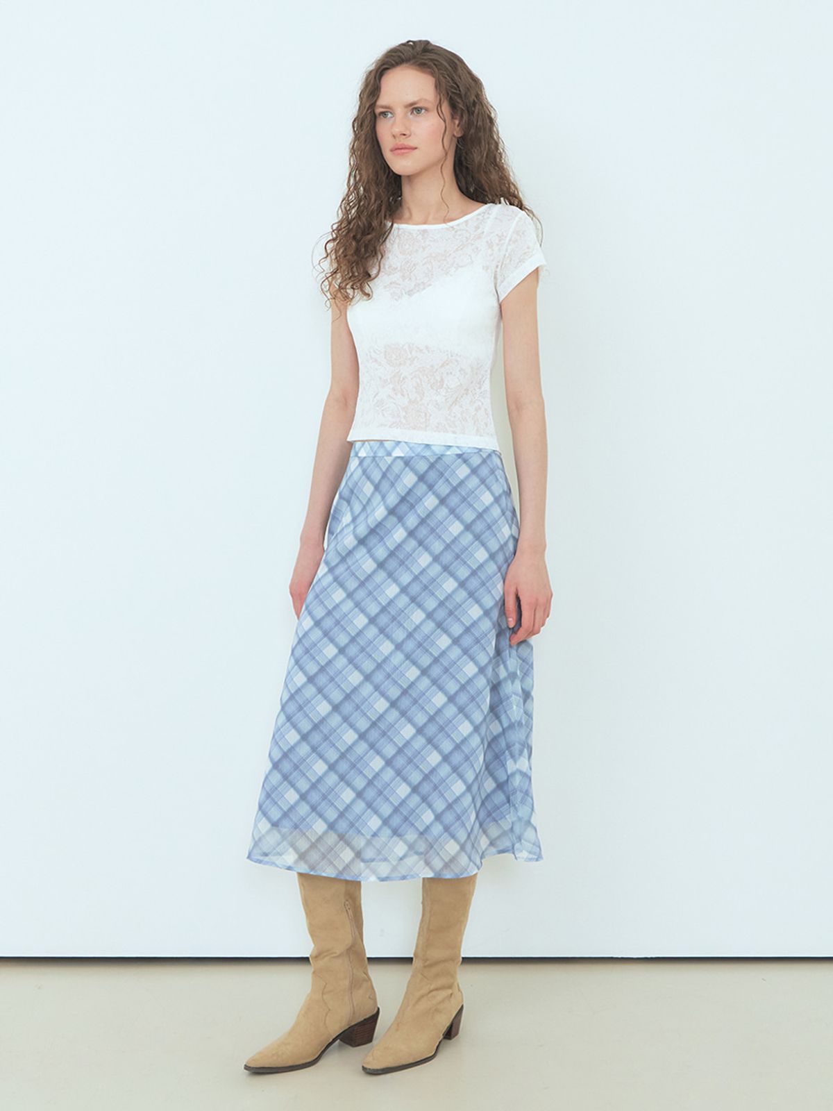 에트몽(ETMON) Check Midi Skirt, Greyish Blue