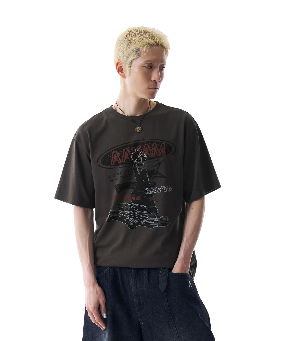아캄(AAKAM) Cracked VTG Printed Half Top (Dark Gray)