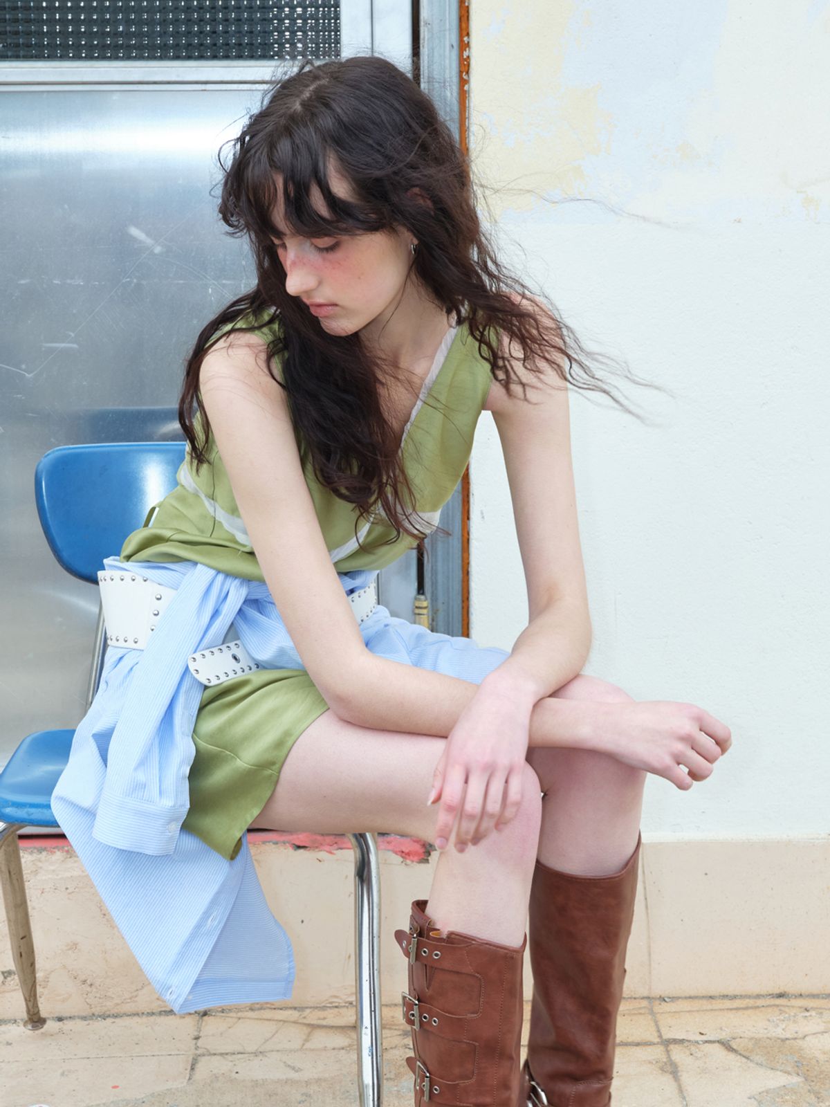 에트몽(ETMON) Silky Layered Sleeveless Dress Olive