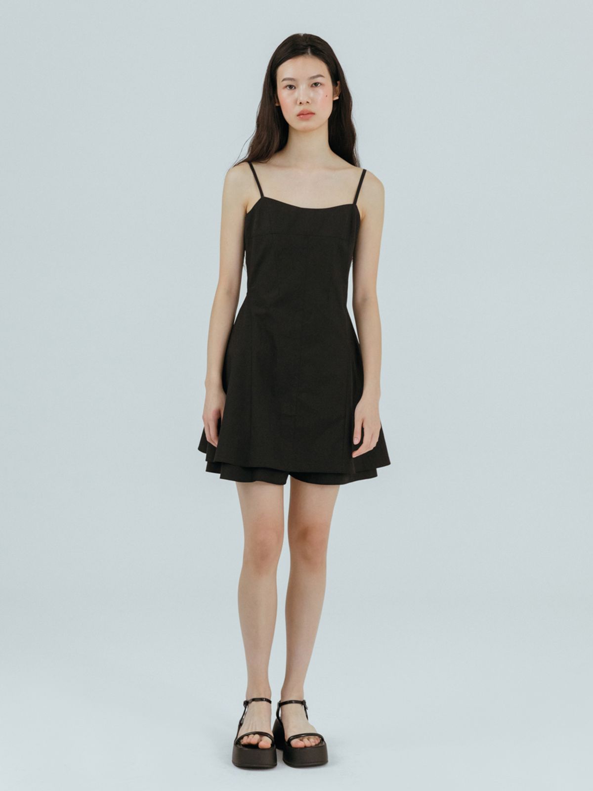 에트몽(ETMON) Slip Flare Layered Mini Dress Black