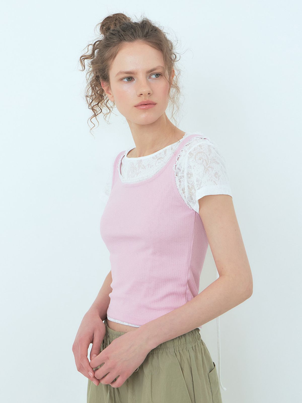 에트몽(ETMON) Lace Ribbed Sleeveless Top Pink