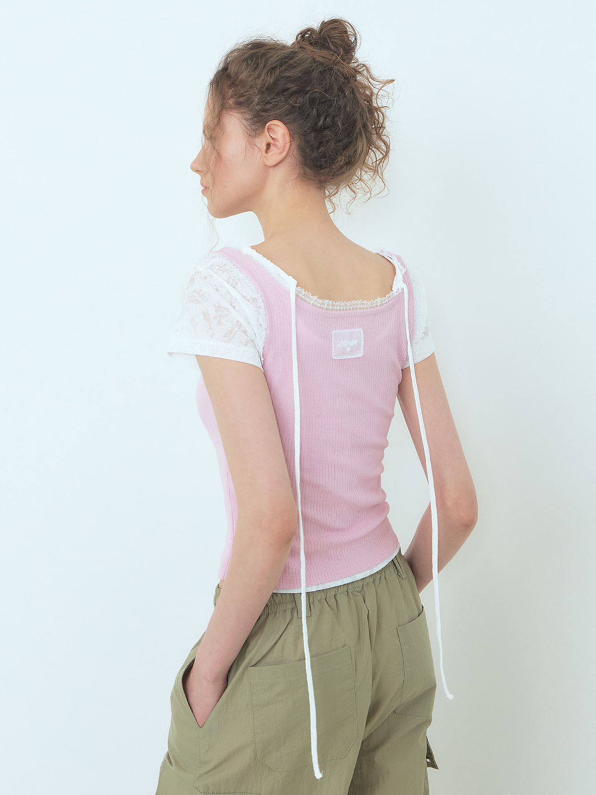 에트몽(ETMON) Lace Ribbed Sleeveless Top Pink