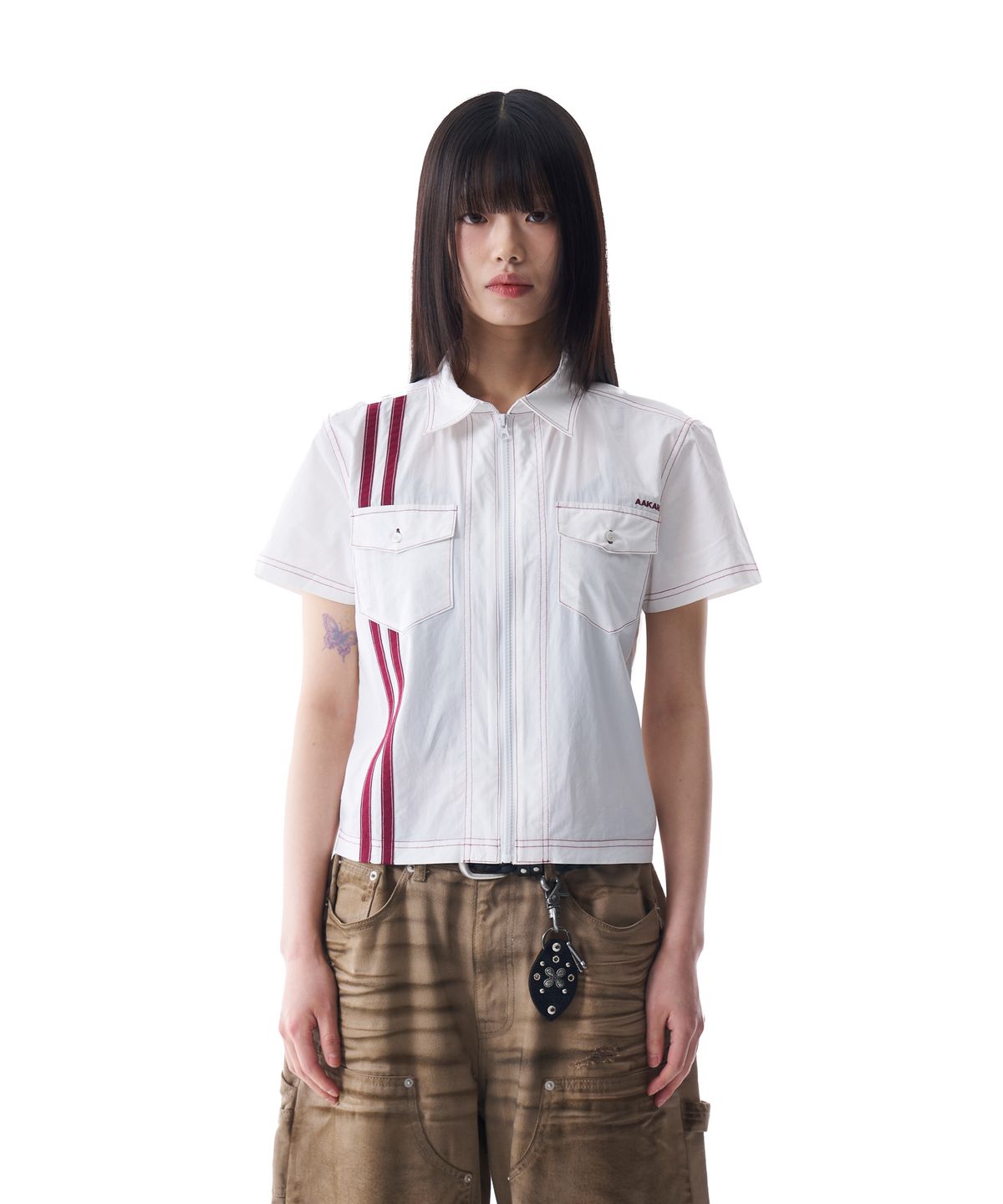 아캄(AAKAM) 2-Lined Zip-Up Half Shirts (White)