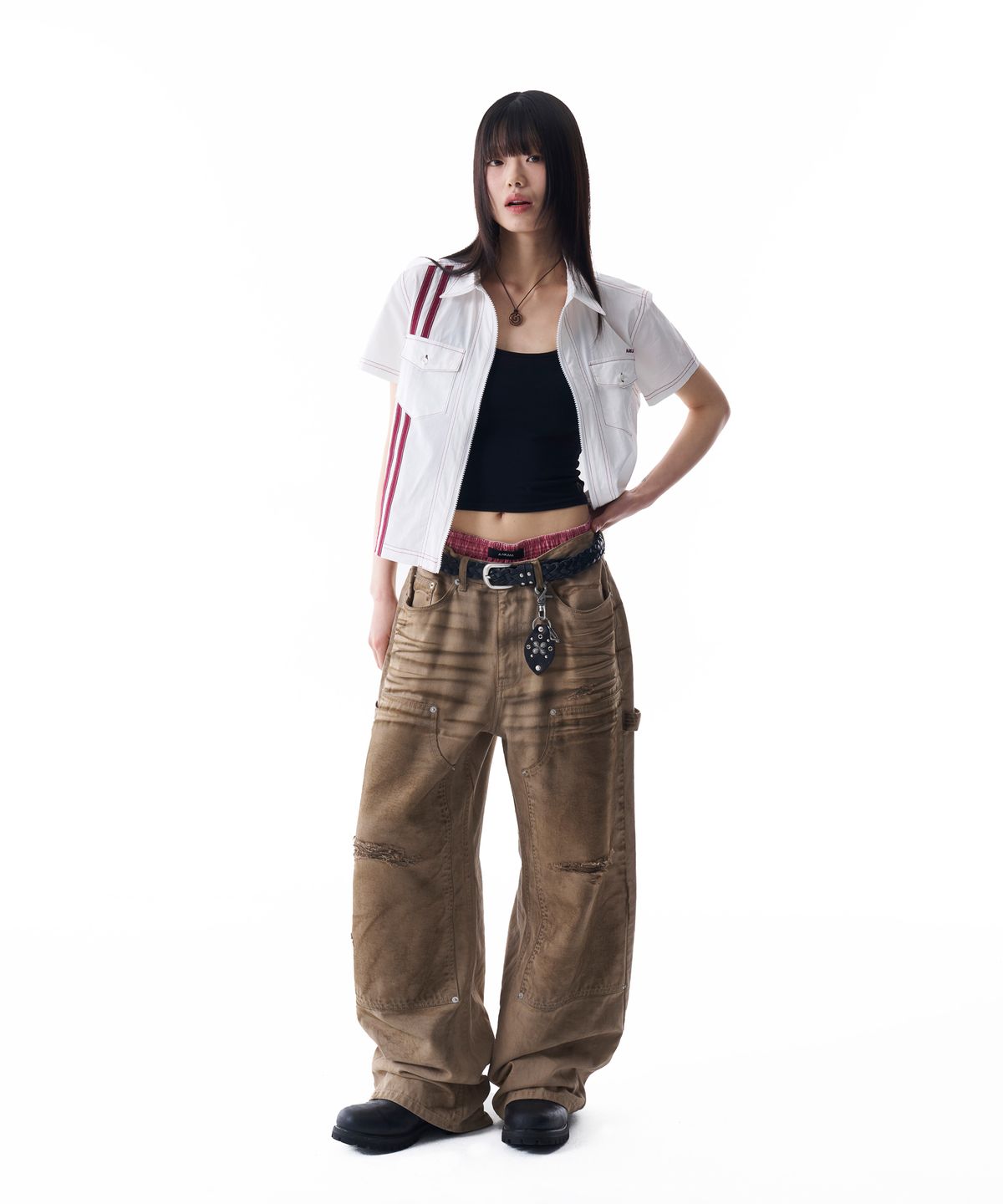 아캄(AAKAM) 2-Lined Zip-Up Half Shirts (White)