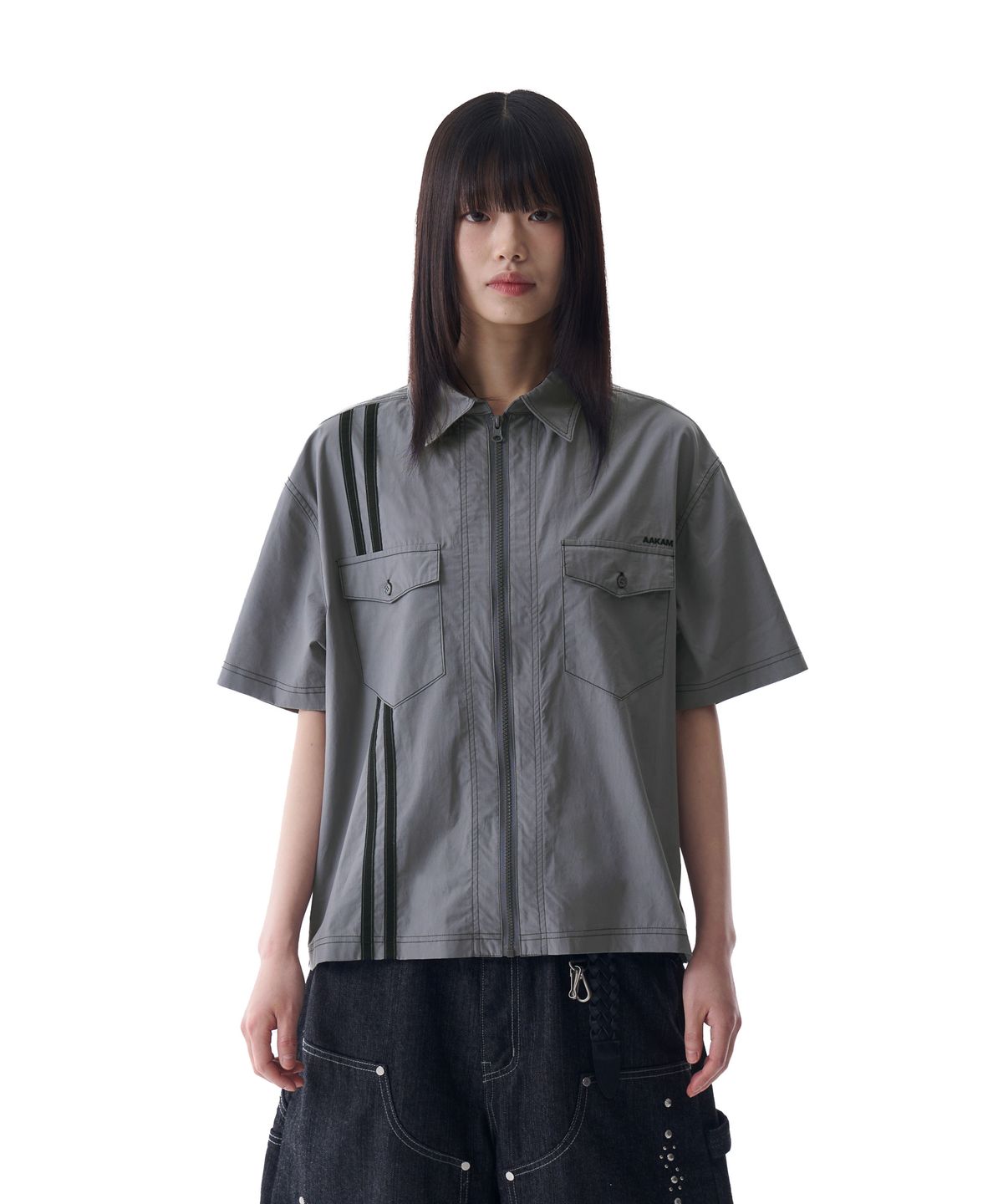 아캄(AAKAM) 2-Lined Zip-Up Half Shirts (Gray)