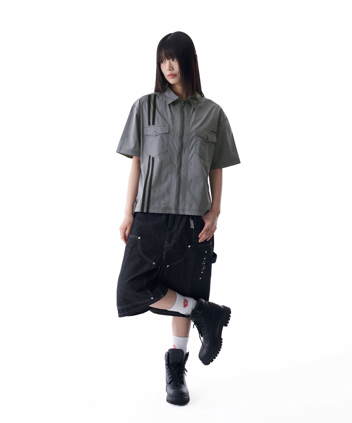 아캄(AAKAM) 2-Lined Zip-Up Half Shirts (Gray)