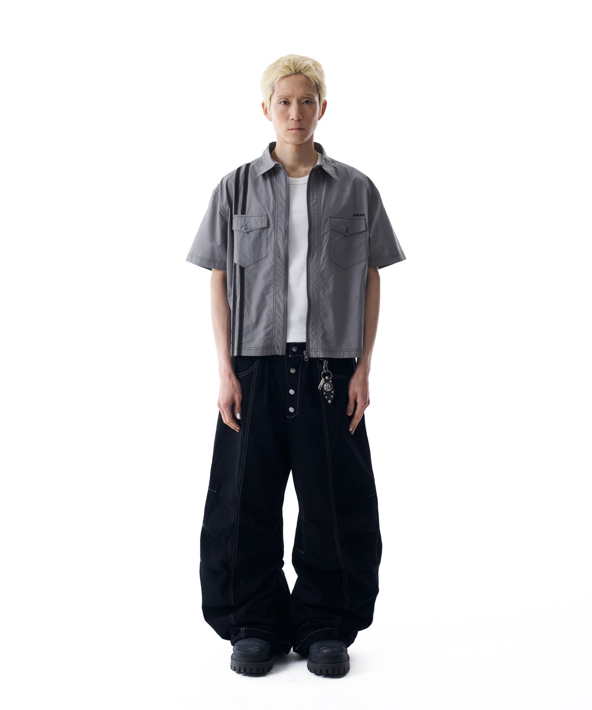 아캄(AAKAM) 2-Lined Zip-Up Half Shirts (Gray)