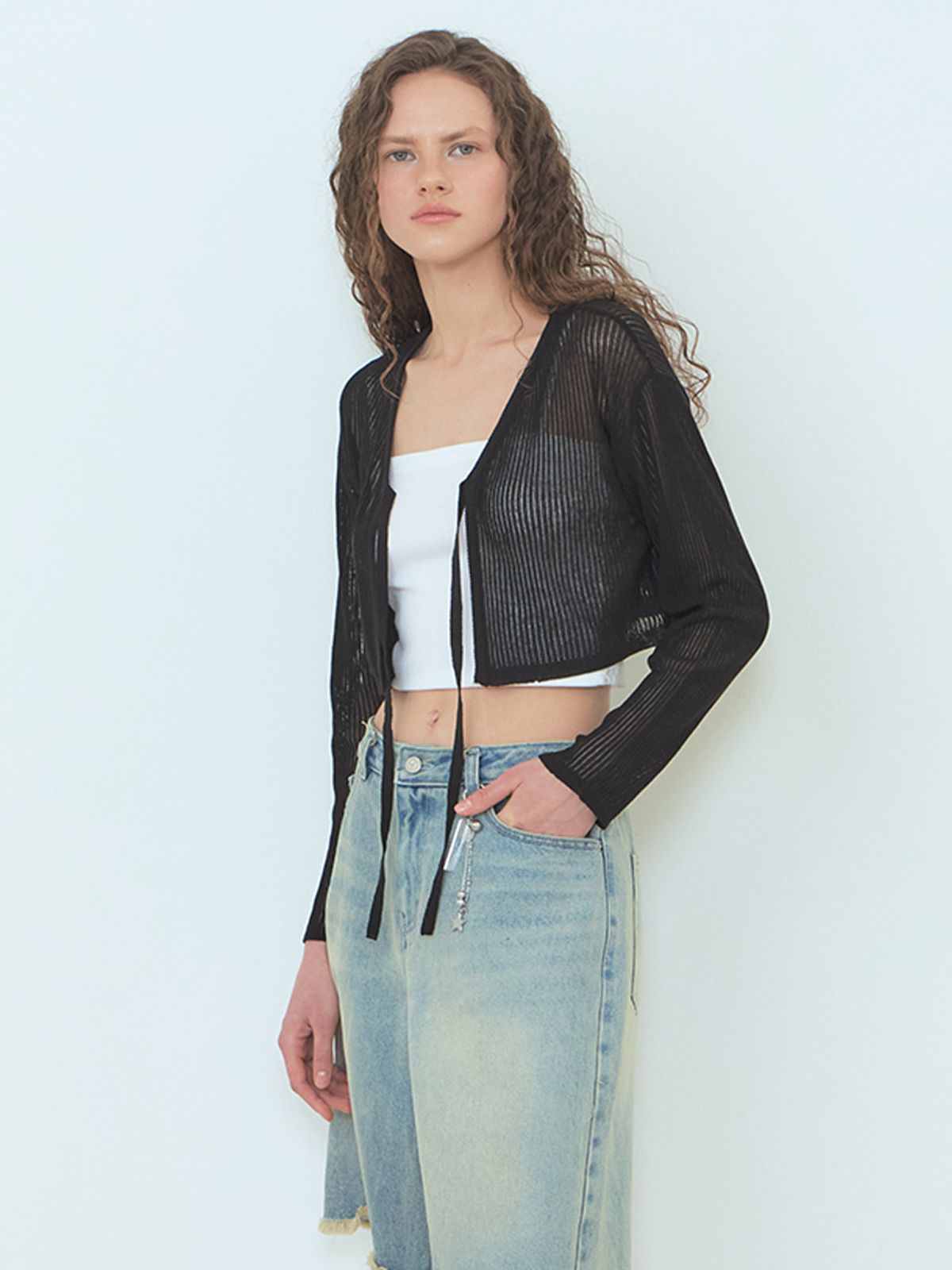 에트몽(ETMON) Linen Strap Knit Cardigan Black