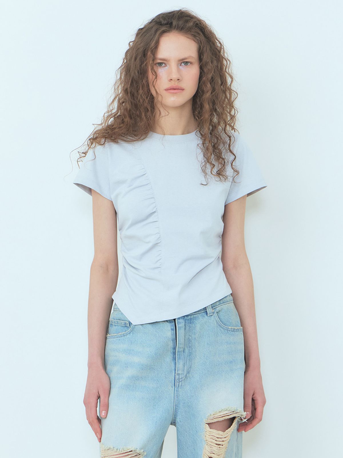 에트몽(ETMON) Curved Shirring T-Shirt Blue Grey