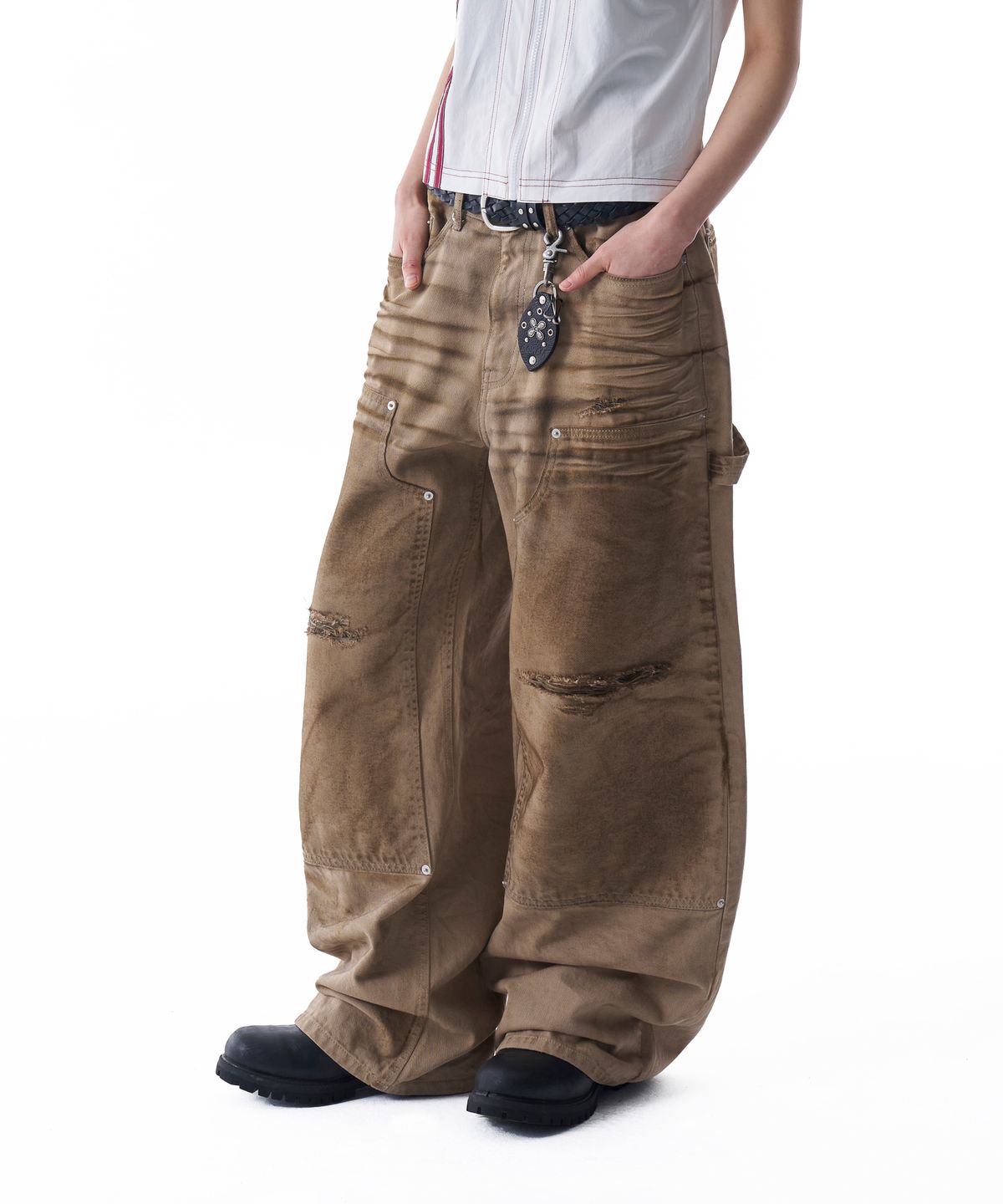 아캄(AAKAM) Dirty Washed Double Knee Cotton Pants (Beige)