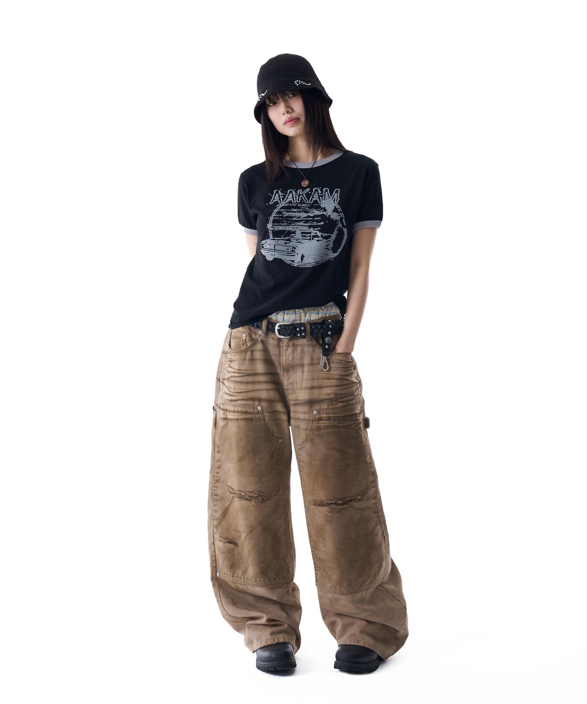아캄(AAKAM) Dirty Washed Double Knee Cotton Pants (Beige)