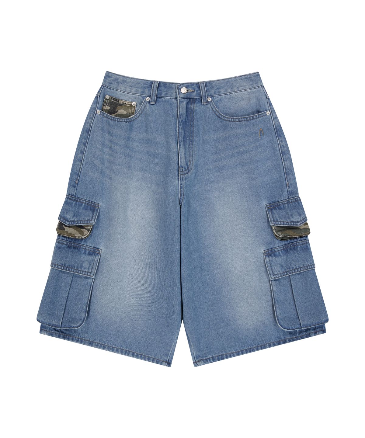아캄(AAKAM) Camo Patch Bermuda Denim Cargo Pants (Blue)