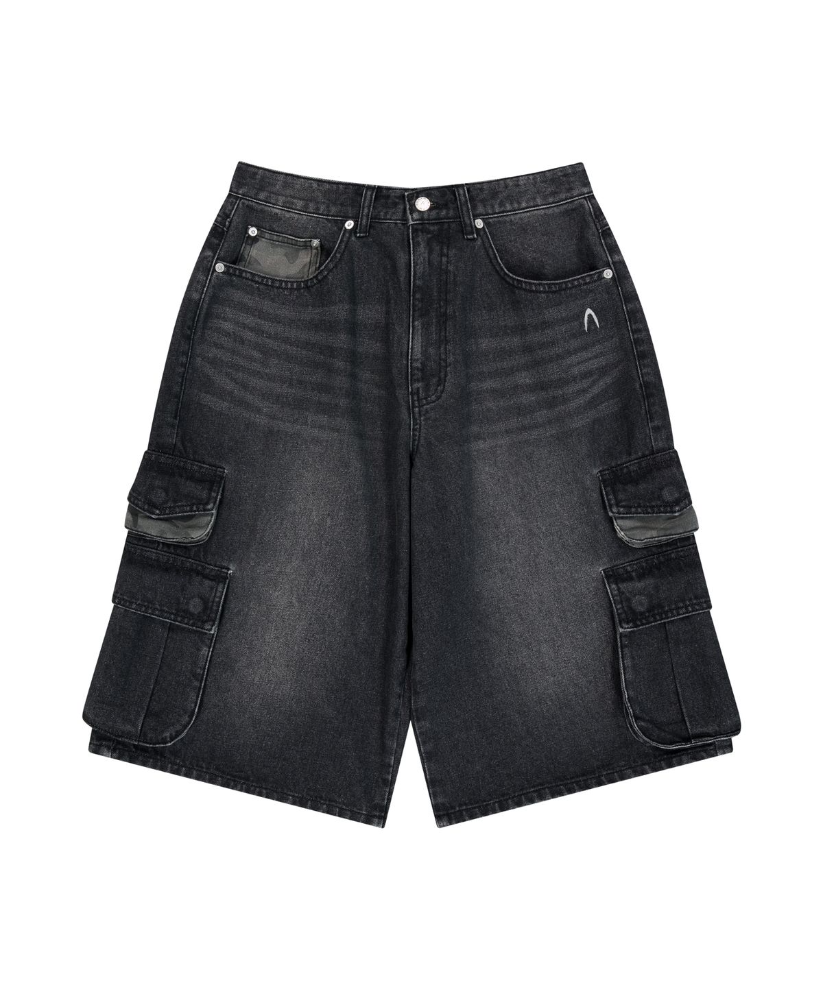 아캄(AAKAM) Camo Patch Bermuda Denim Cargo Pants (Black)