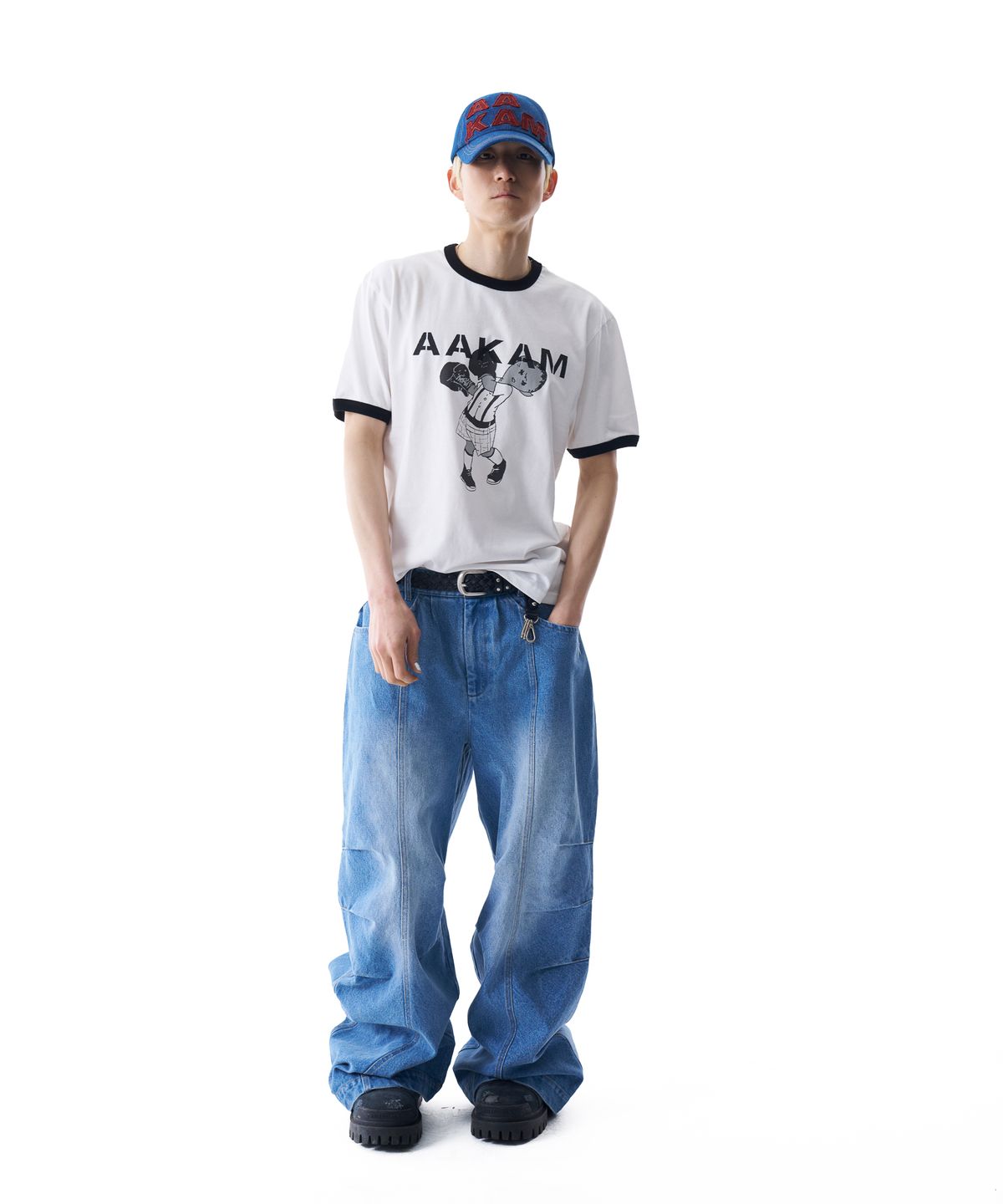 아캄(AAKAM) Knee Pin-tuck Washed Denim Pants (Blue)
