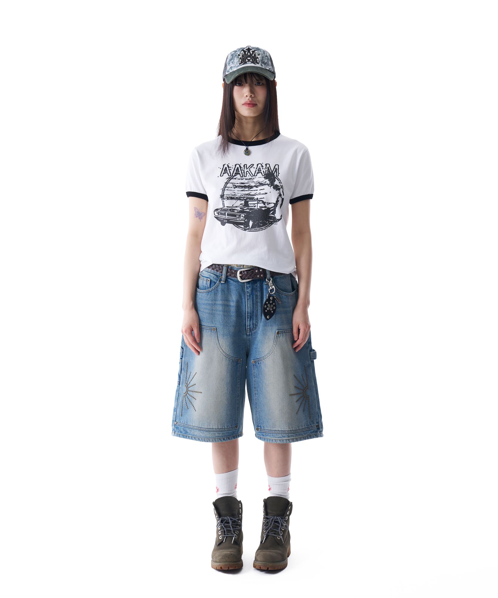 【AAKAM】Washed Double Knee Bermuda Denim Pants★男女兼用★ MUSINSA | AAKAM Washed Double Knee Bermuda Denim Pants (Blue)