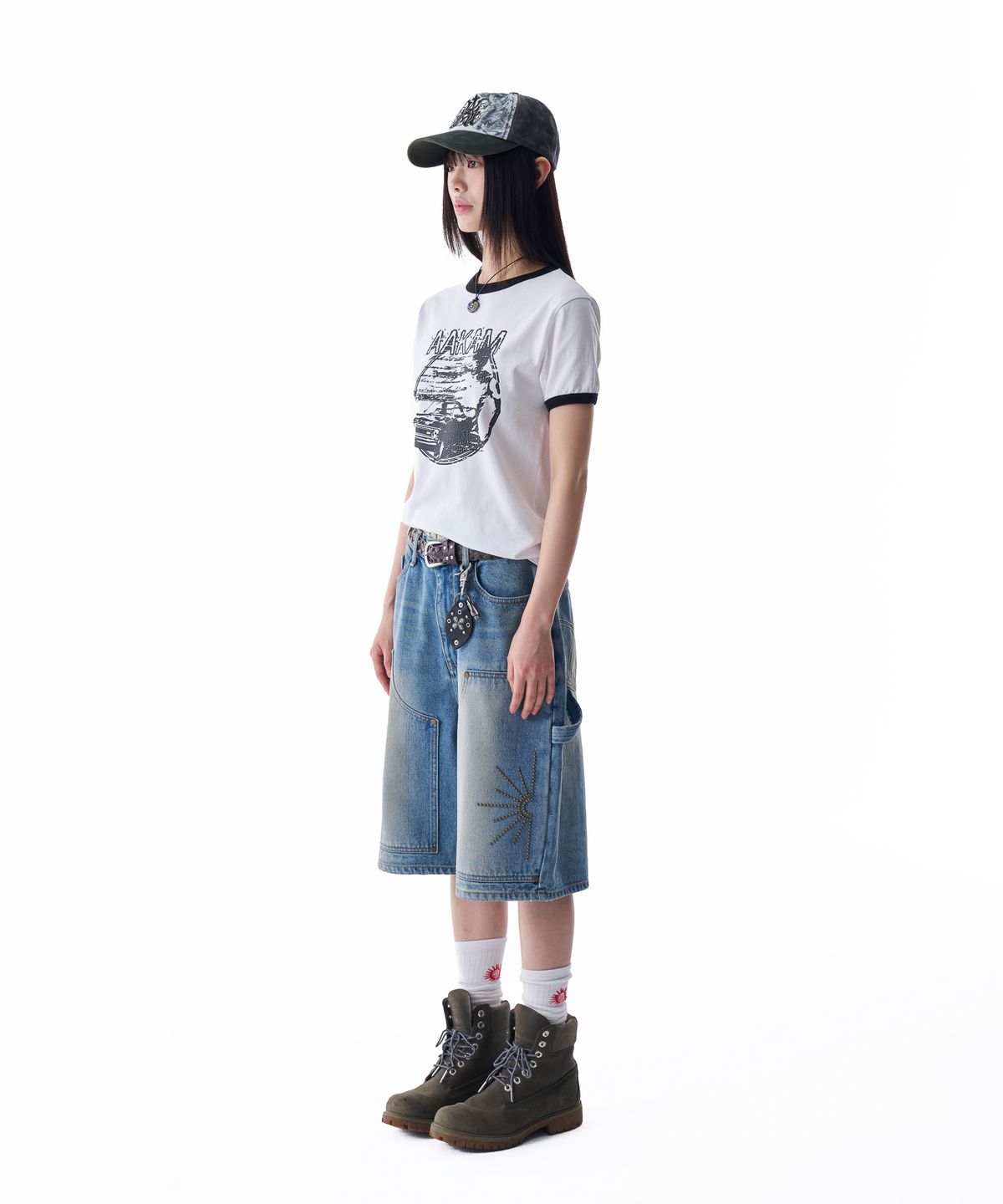 아캄(AAKAM) Washed Double Knee Bermuda Denim Pants (Blue)