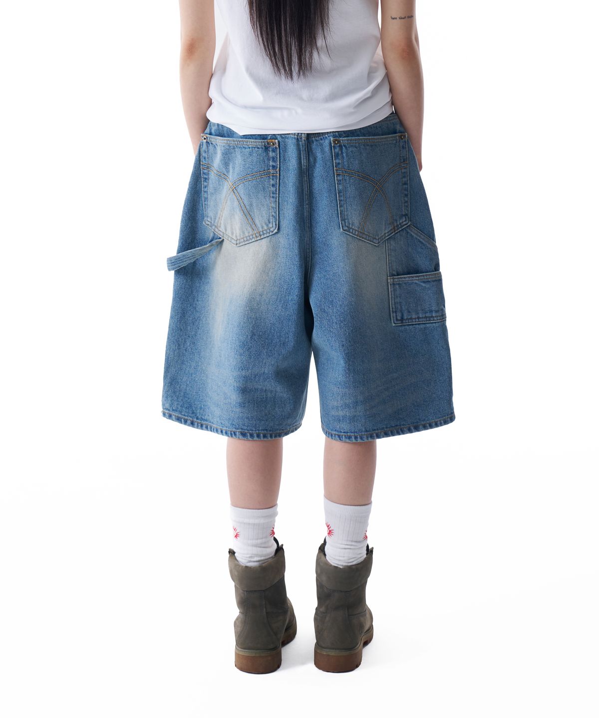 아캄(AAKAM) Washed Double Knee Bermuda Denim Pants (Blue)