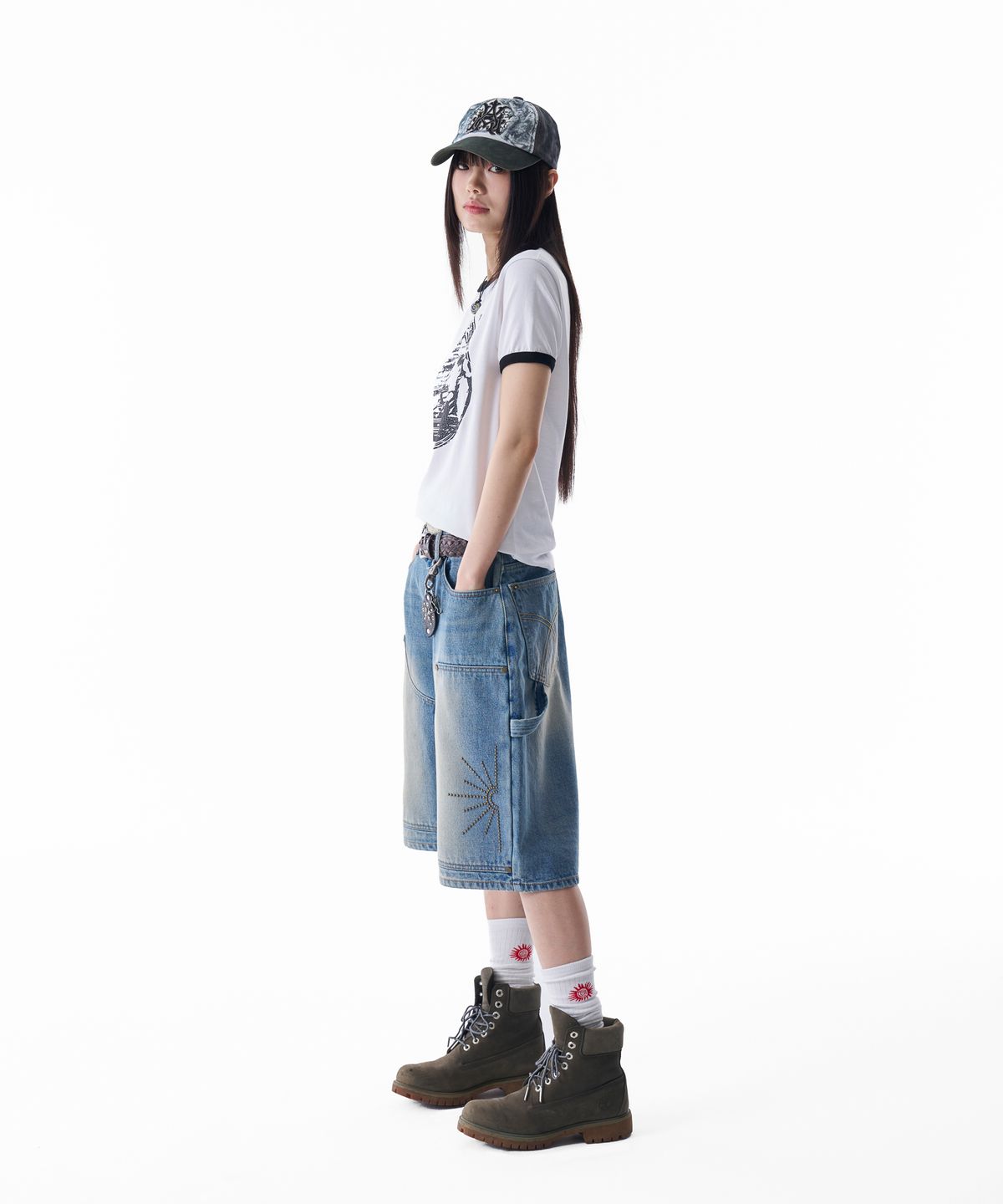 아캄(AAKAM) Washed Double Knee Bermuda Denim Pants (Blue)